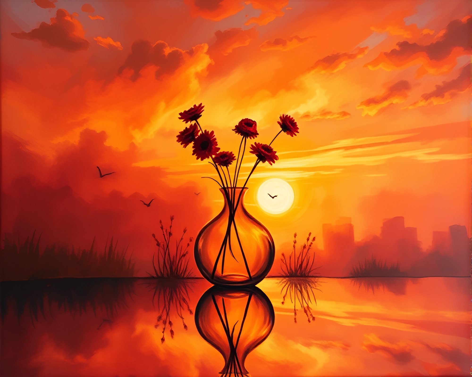 Vase Reflections at Sunset: Action Painting Splendor – free AI stock image