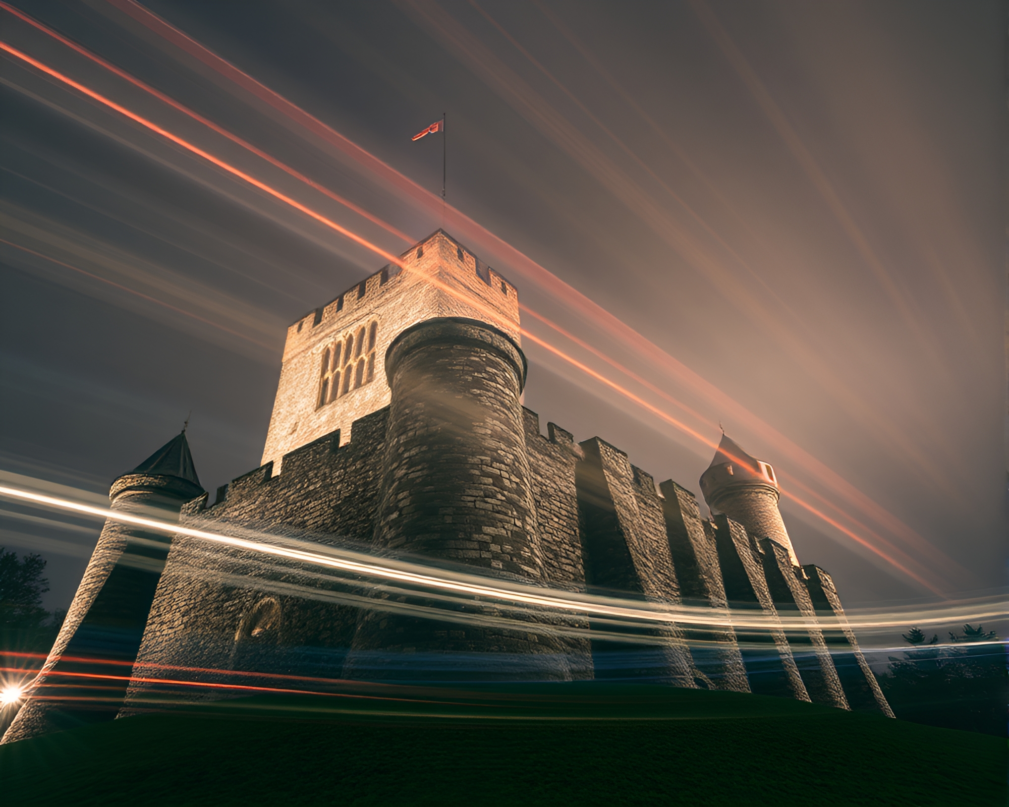 Majestic Castle Bathed in Light Streaks from Dynamic View – free AI stock image