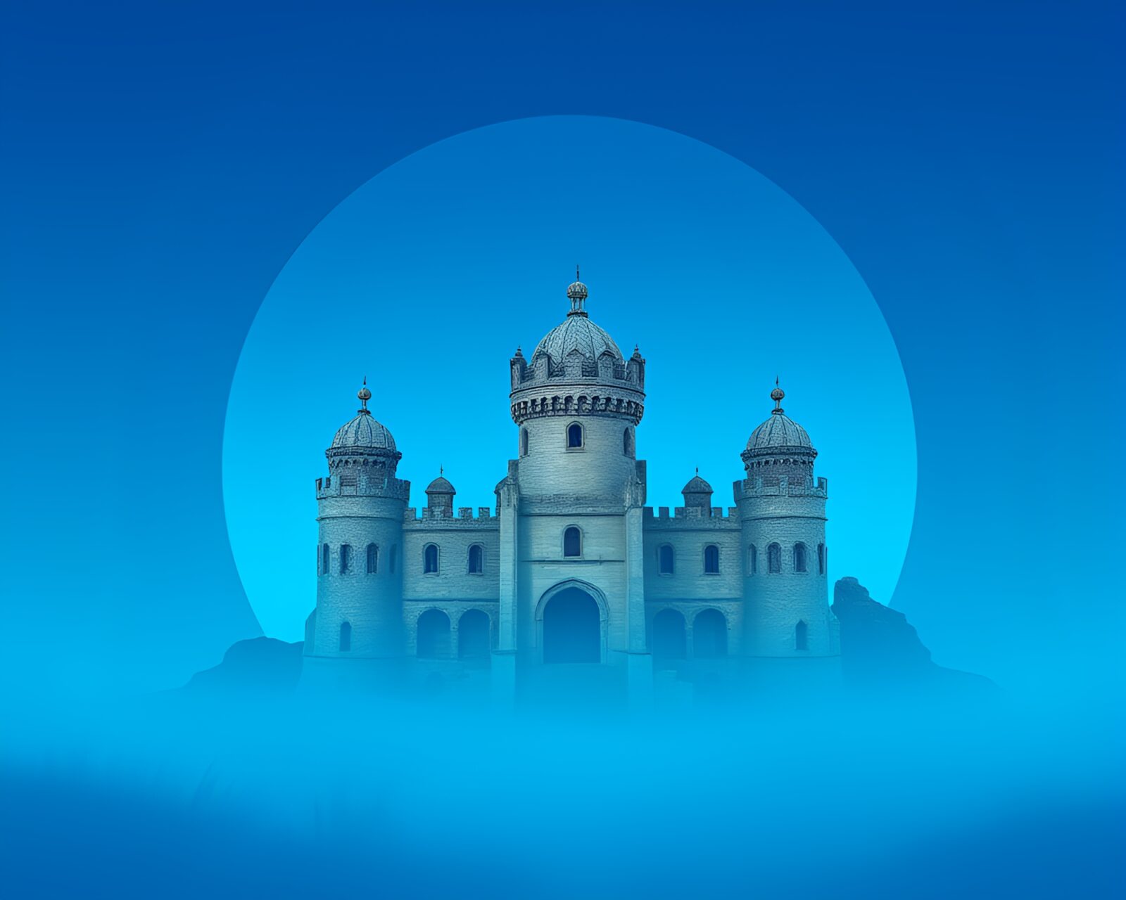 Circular framed desert castle in icy blue lighting