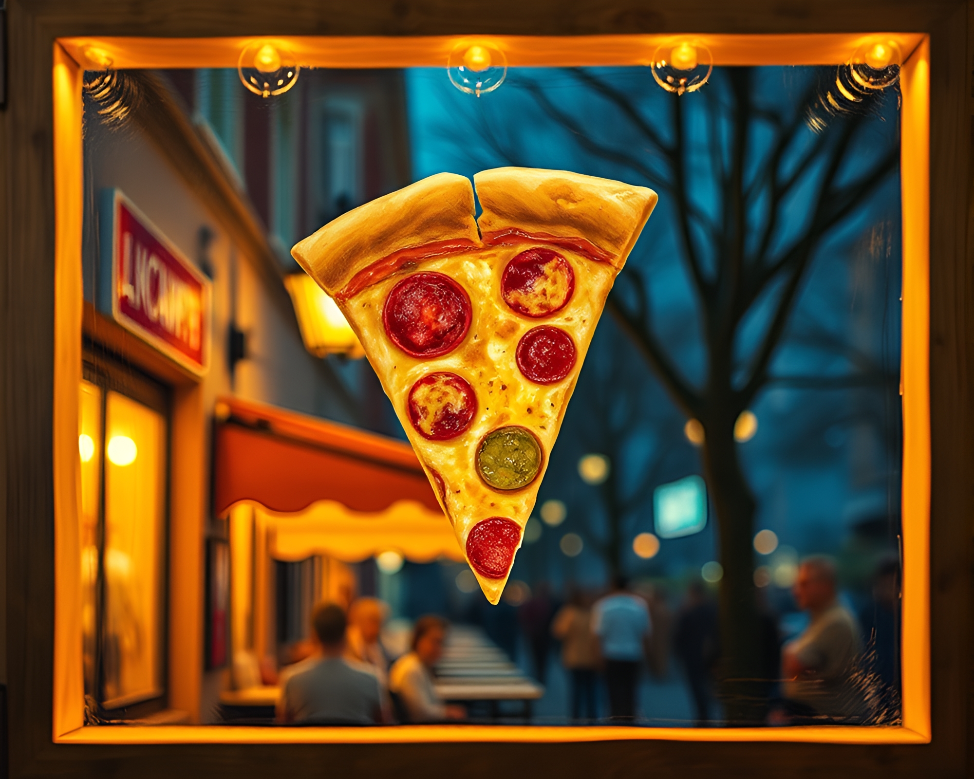 Impressionist Pizza Slice Through a Streetlamp Frame – free AI stock image