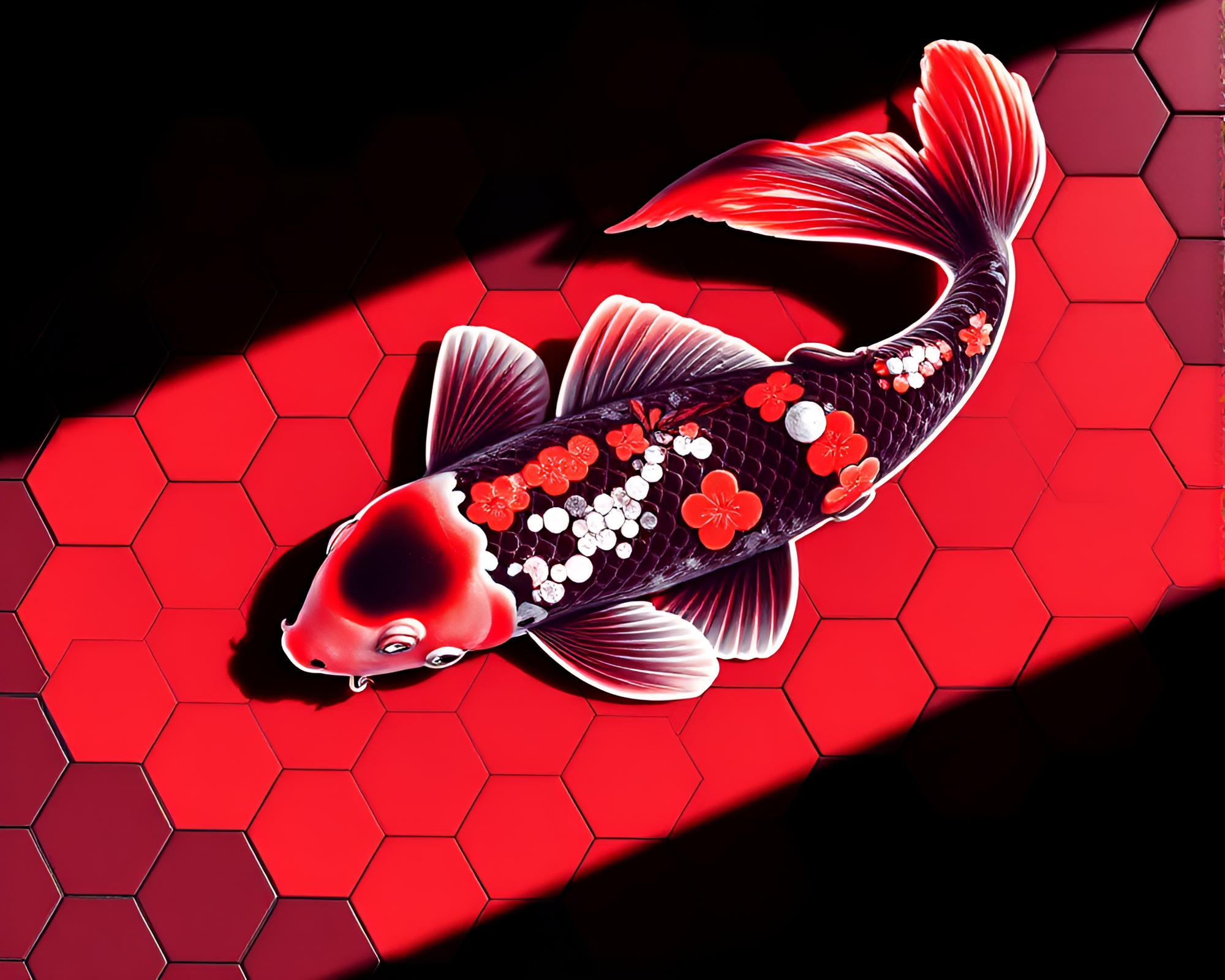 Synthwave Koi Swim in Hexagonal Eclipse Shadows – free AI stock image
