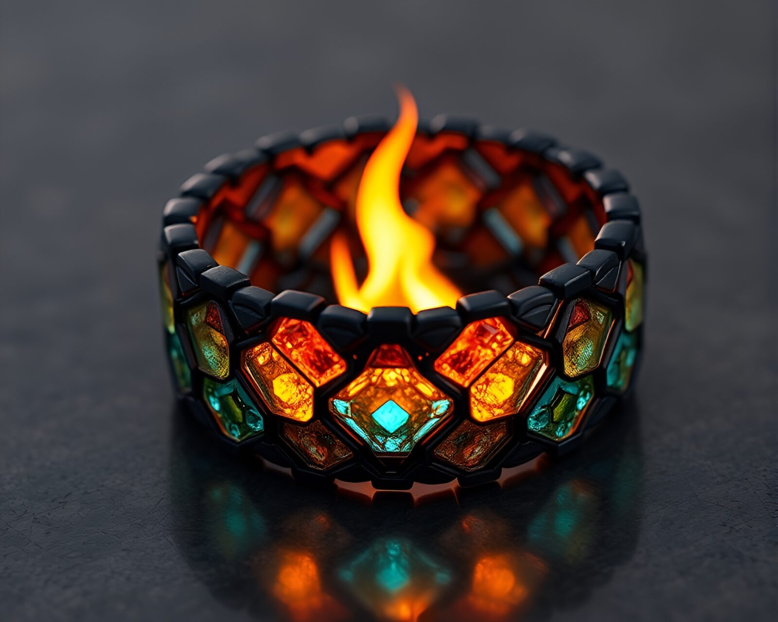 Hexagon-shaped bracelet glowing near a warm bonfire in AI style