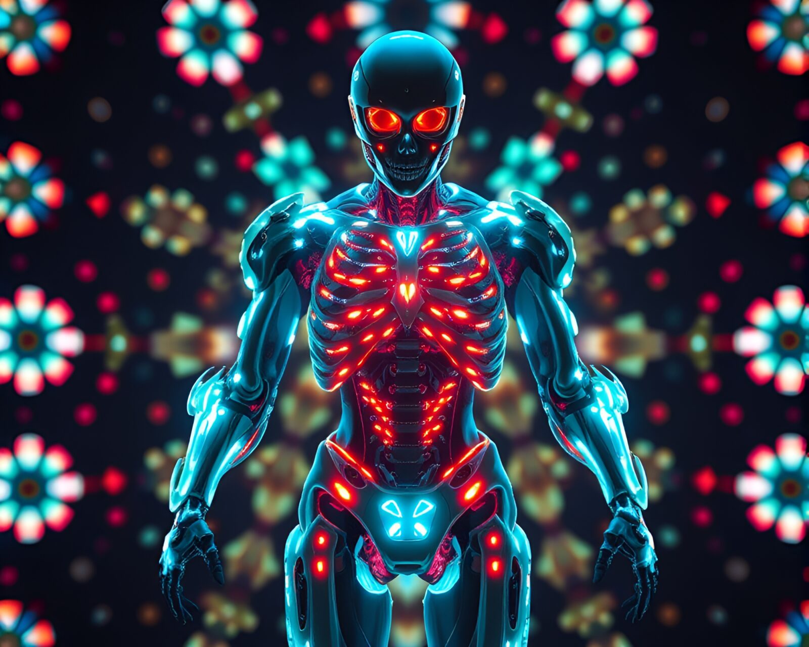 Extravagantly detailed exoskeleton suit in mesmerizing kaleidoscope colors