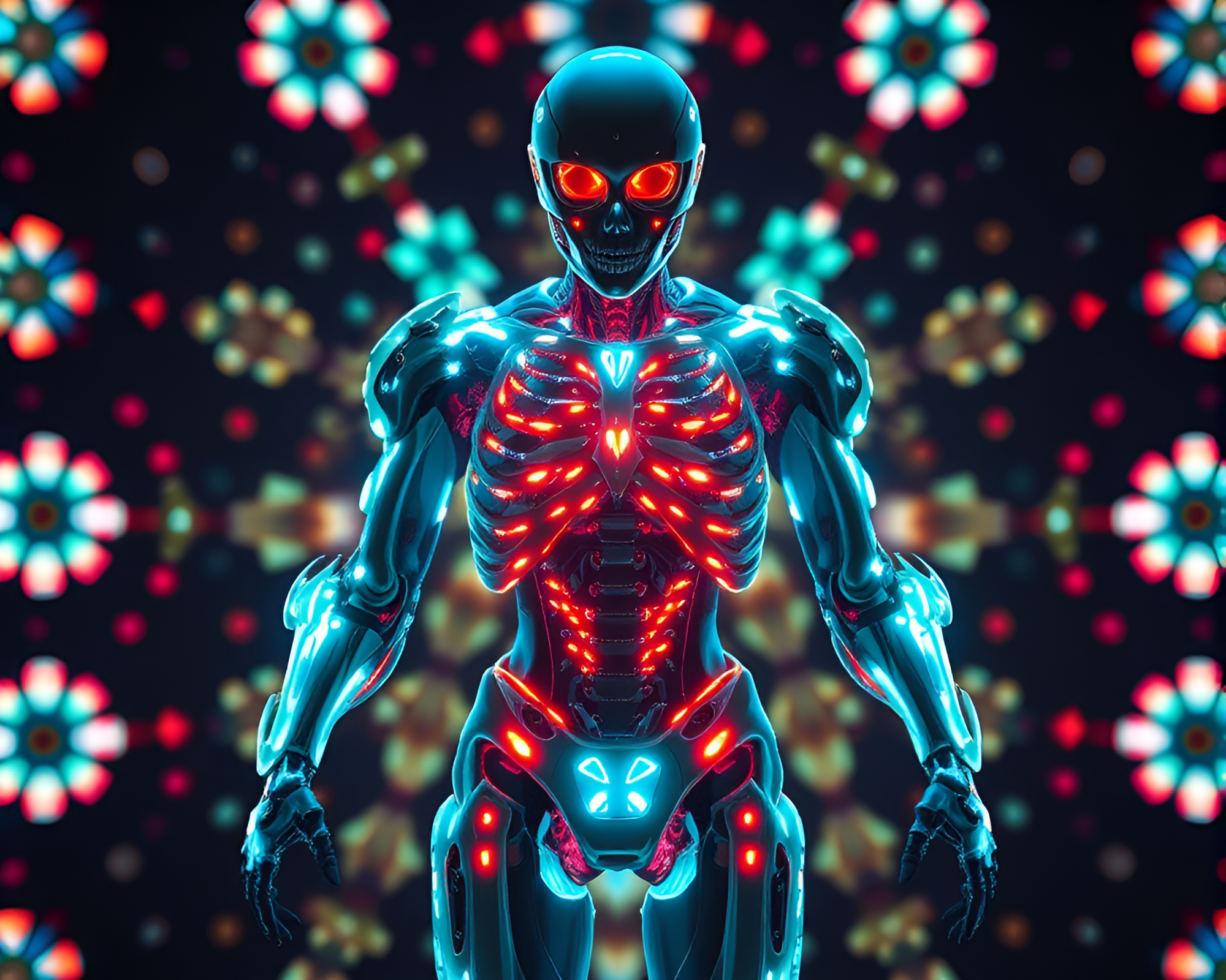 Kaleidoscopic Exoskeleton Suit Illuminated in Glowing Skeuomorphic Design – free AI stock image