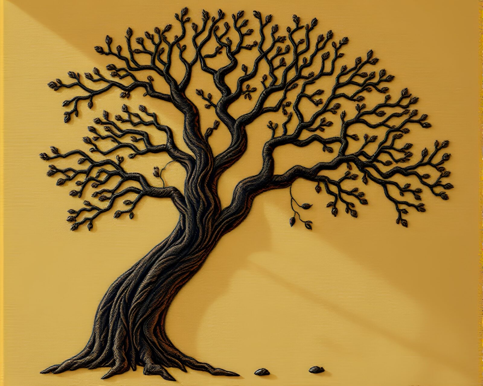 Intricate stitching of ancient tree in dim attic light