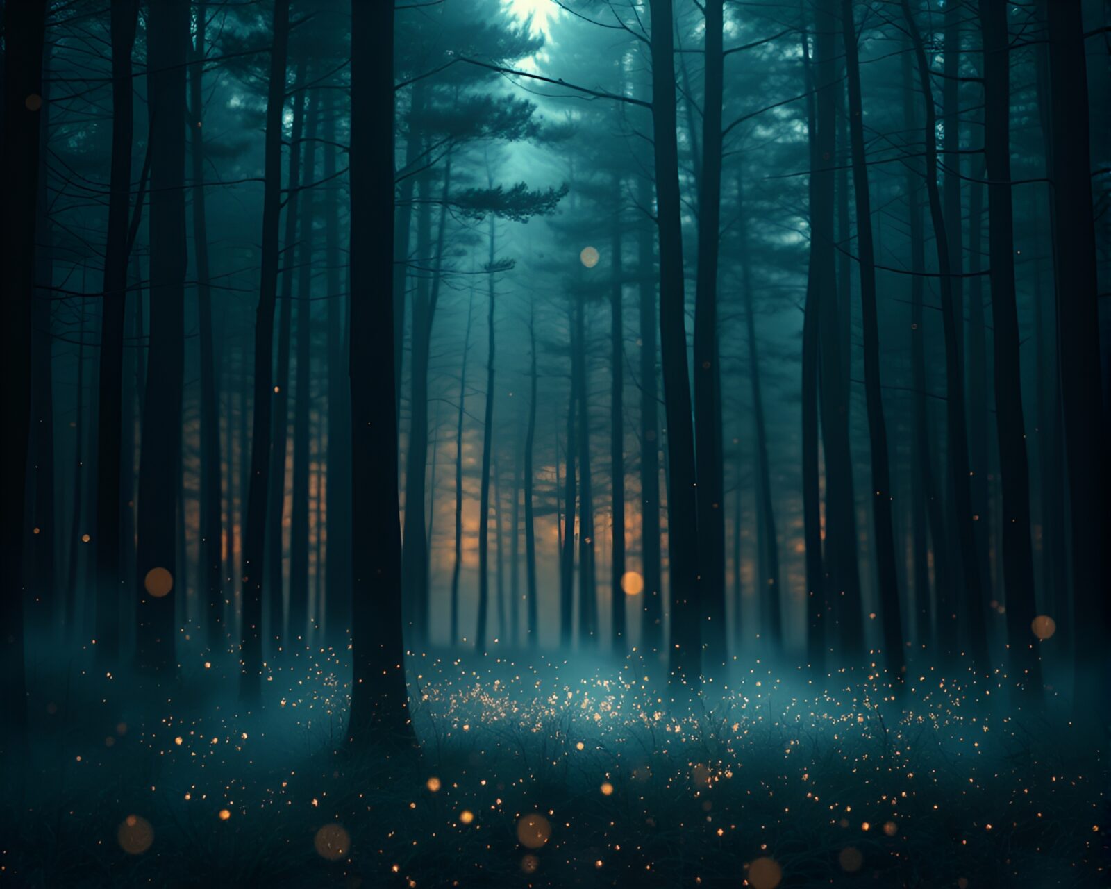 Mystical forest with dust motes dancing in ethereal light beams
