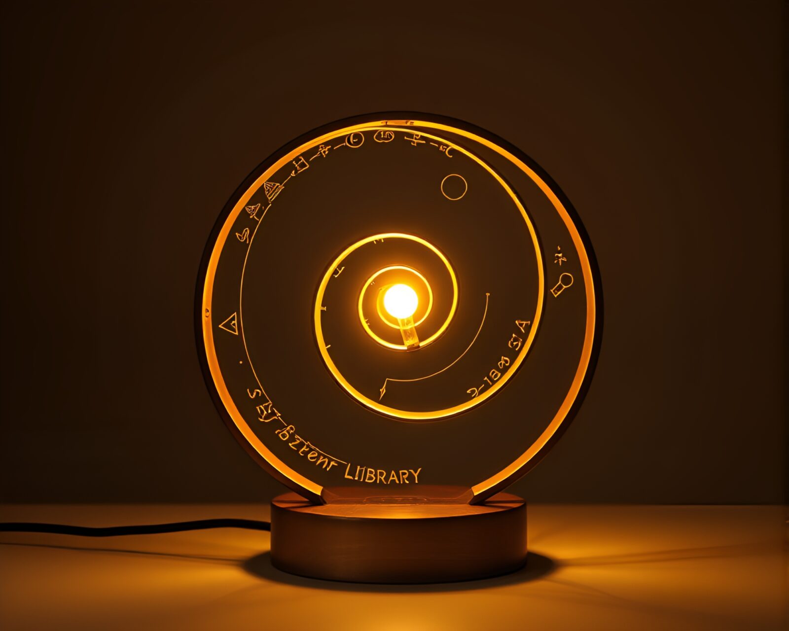 Engraved satellite in warm library lamp glow
