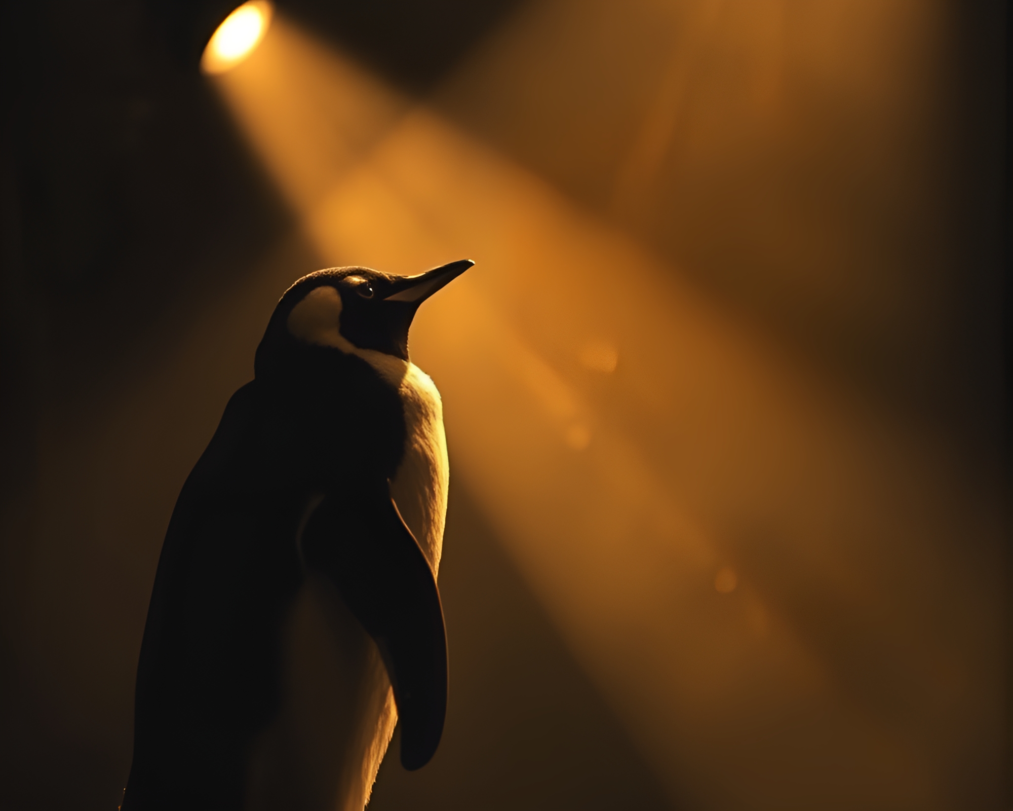 Penguin under sepia spotlight with paint drips – free AI stock image