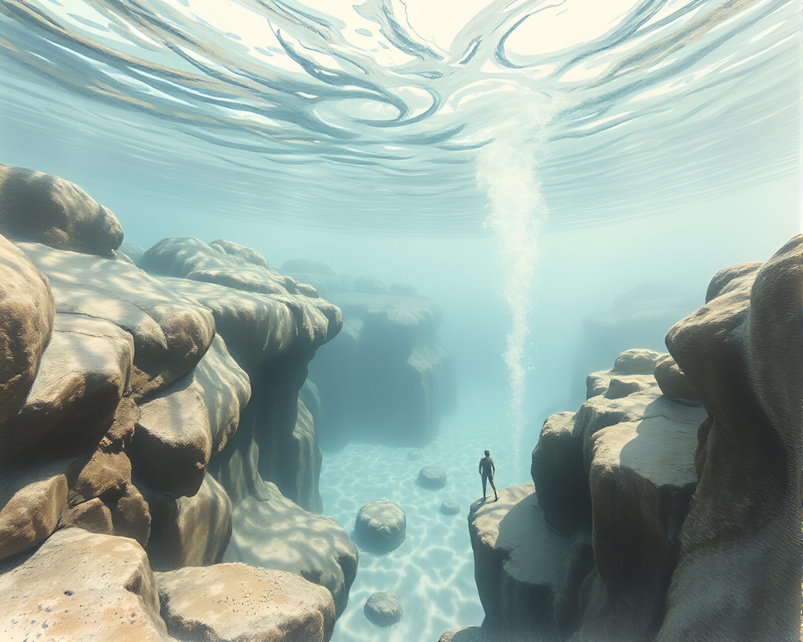 Pastel drawing of a wide-angle view of a submersible in a dreamy ivory white underwater scene
