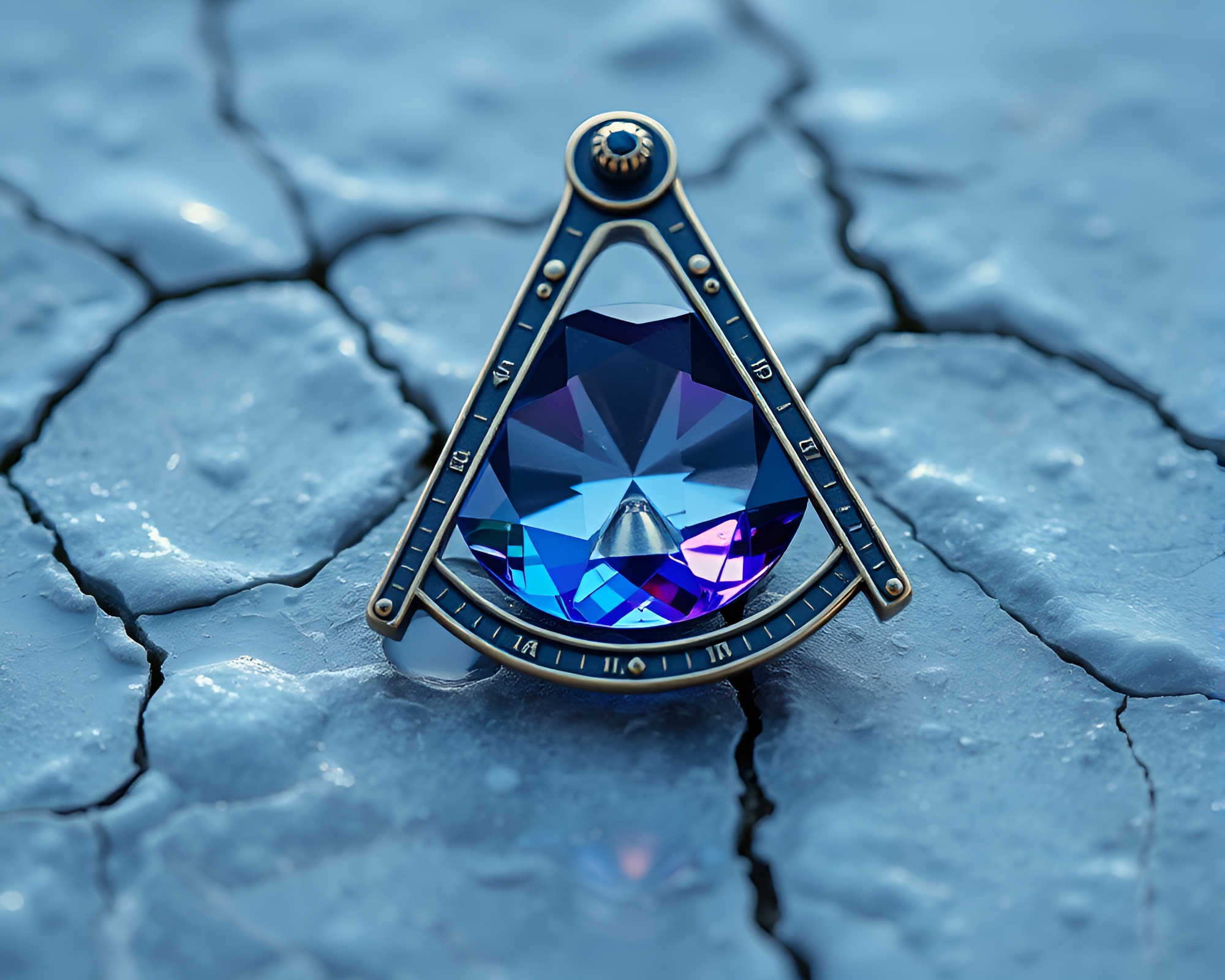 Antique Sextant Reflecting Ice Crack Under Sapphire Light – free AI stock image