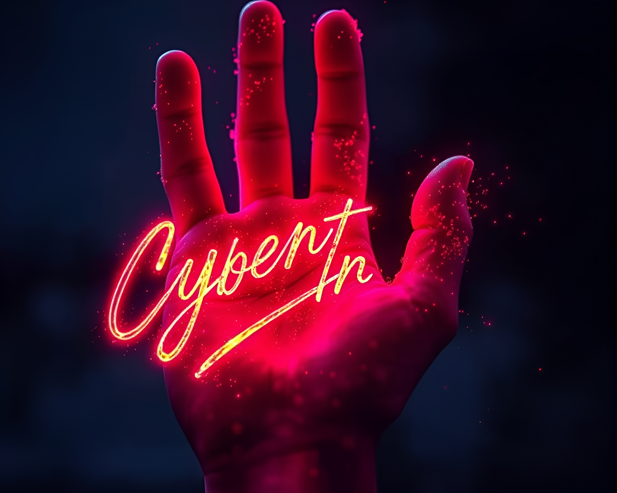 Neon Cybernetic Calligraphy Hand Dust Overlay Concept – free AI stock image