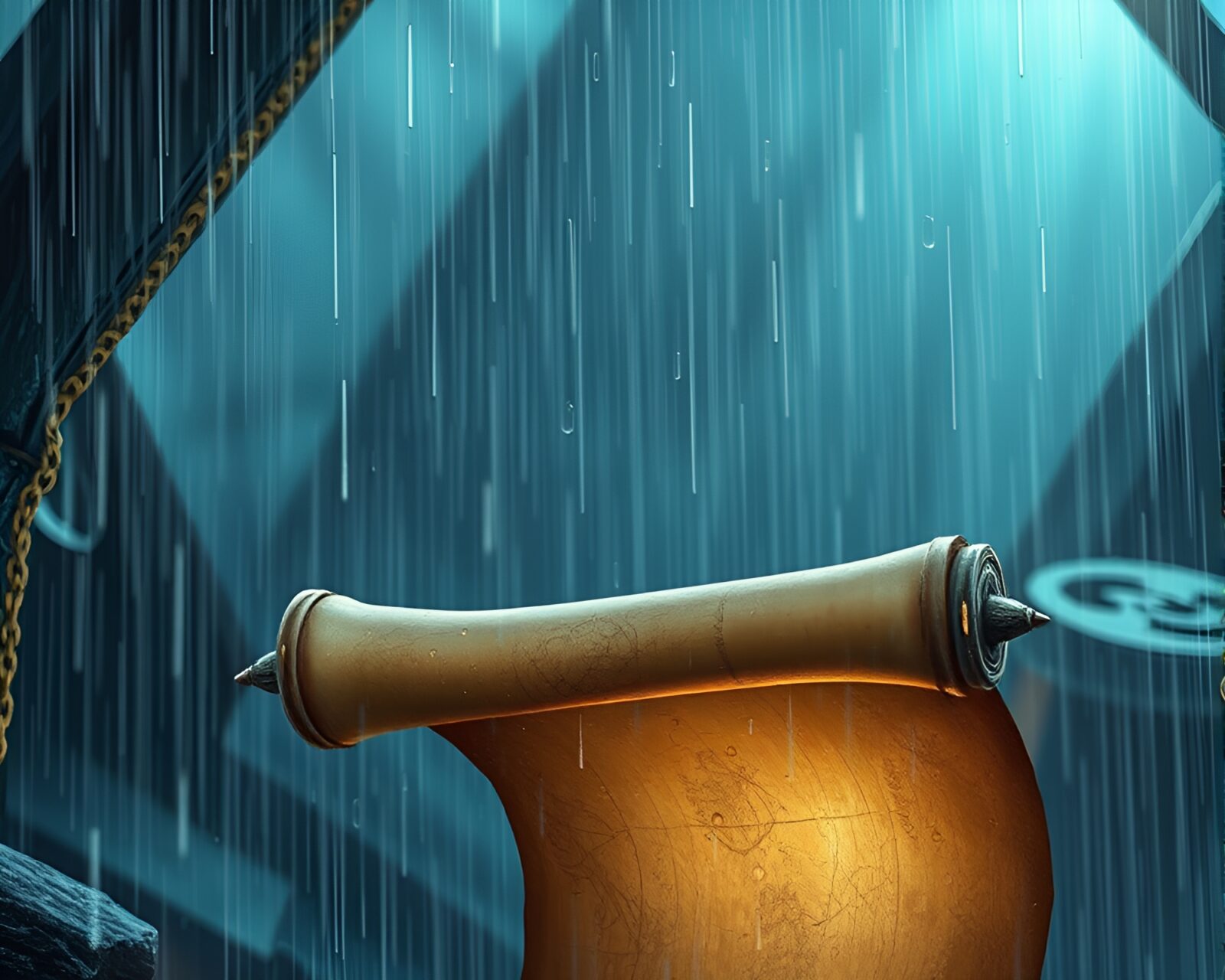 Ancient scroll glowing under high saturation rain droplets