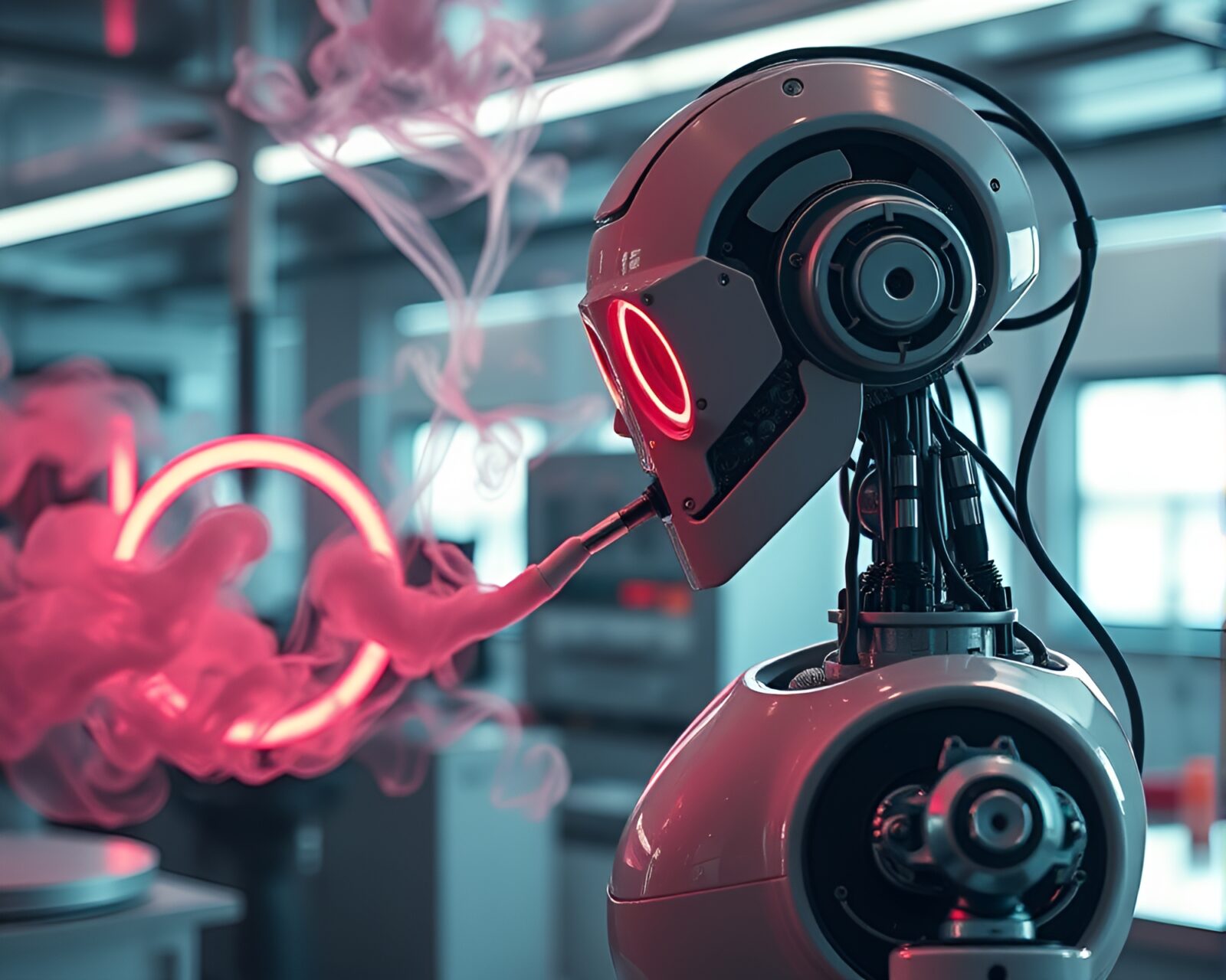 Mysterious smoke rings floating in futuristic robotics lab setting