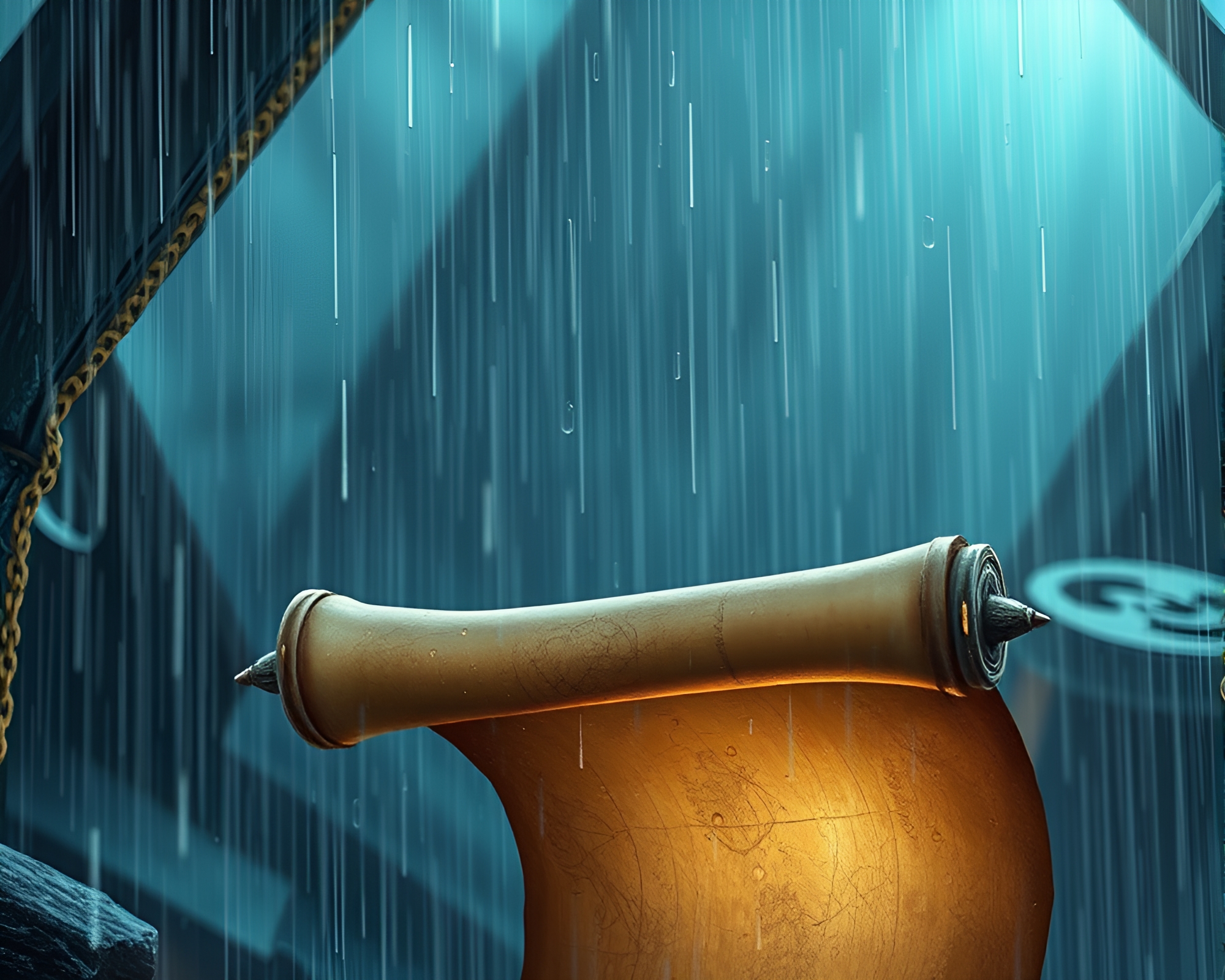 Enchanted Scroll with Raindrops: Fantasy Illustration – free AI stock image