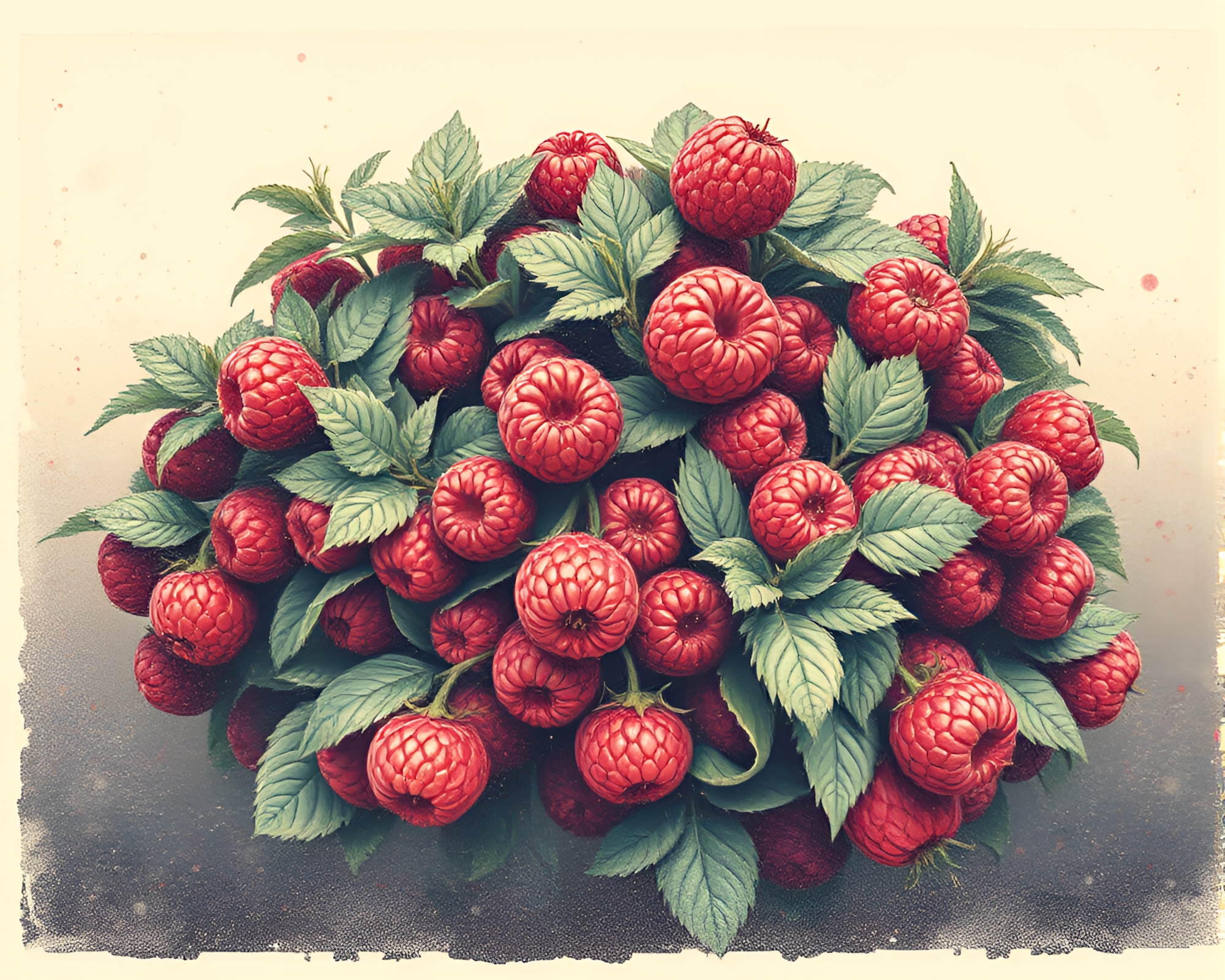 Vintage Raspberry Bush in Acrylic Spatters Polaroid – free AI stock image