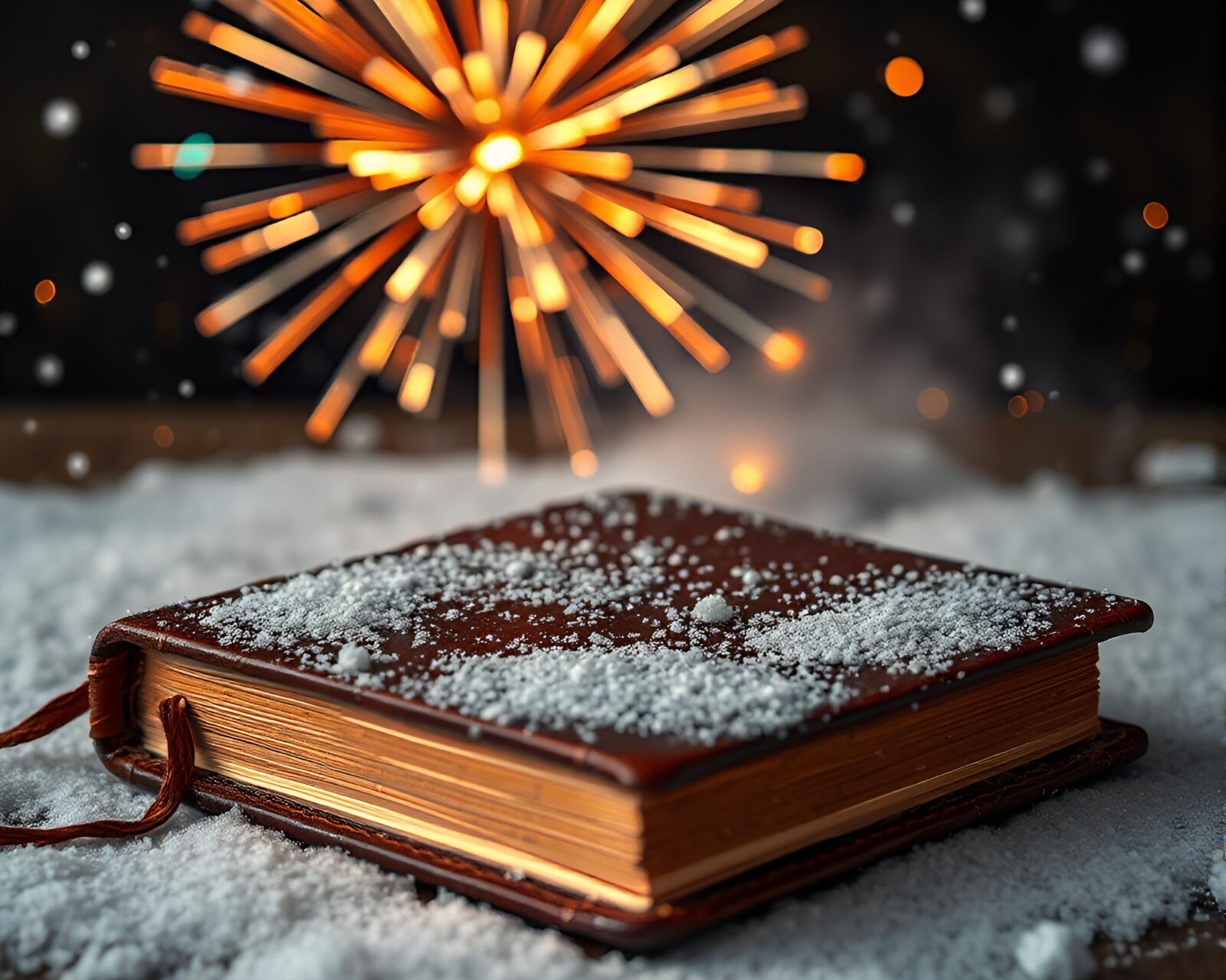 Stunning holographic fireworks illuminating a snow-covered leather-bound diary