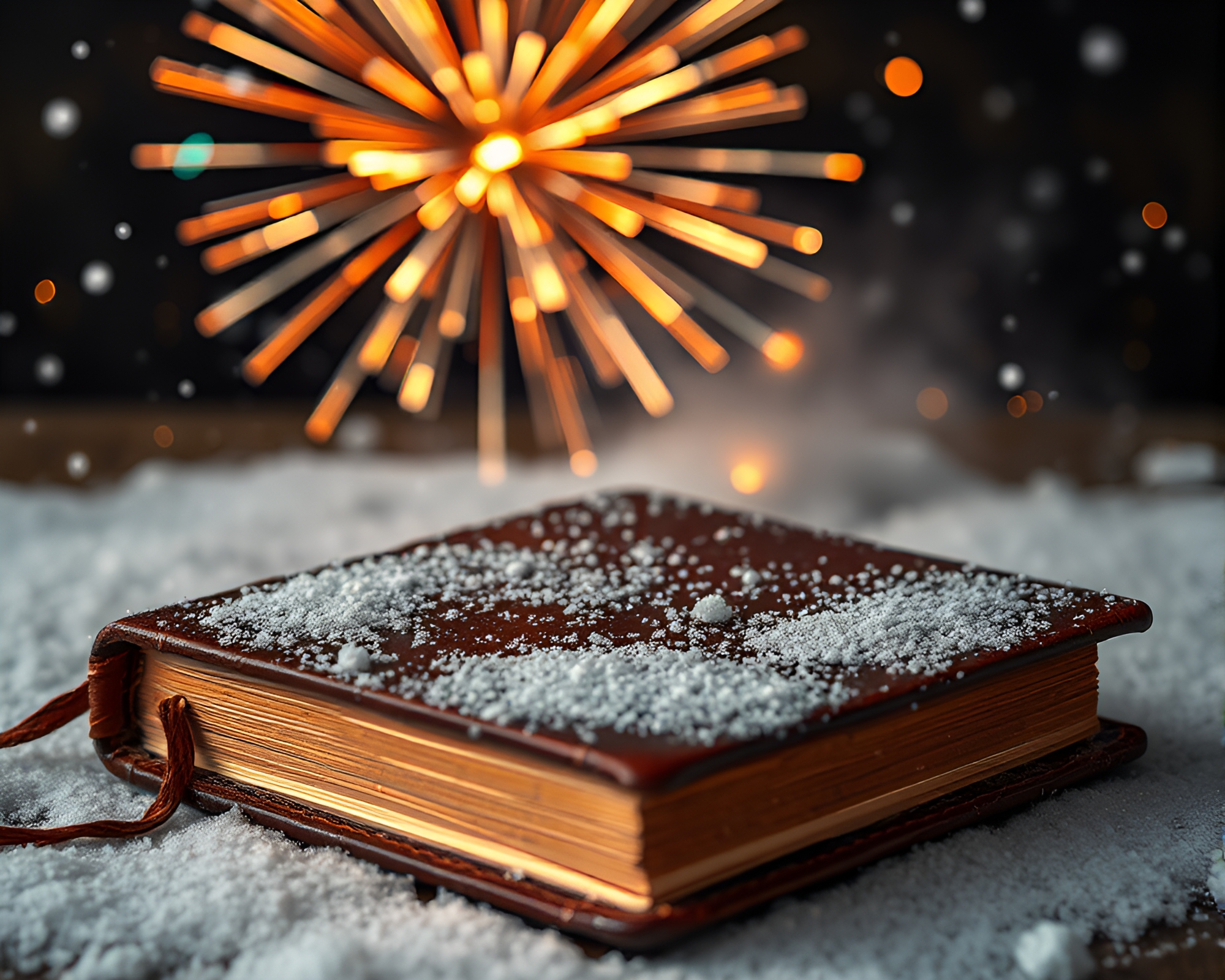Snow-Kissed Leather Diary Amid Holographic Fireworks Display – free AI stock image