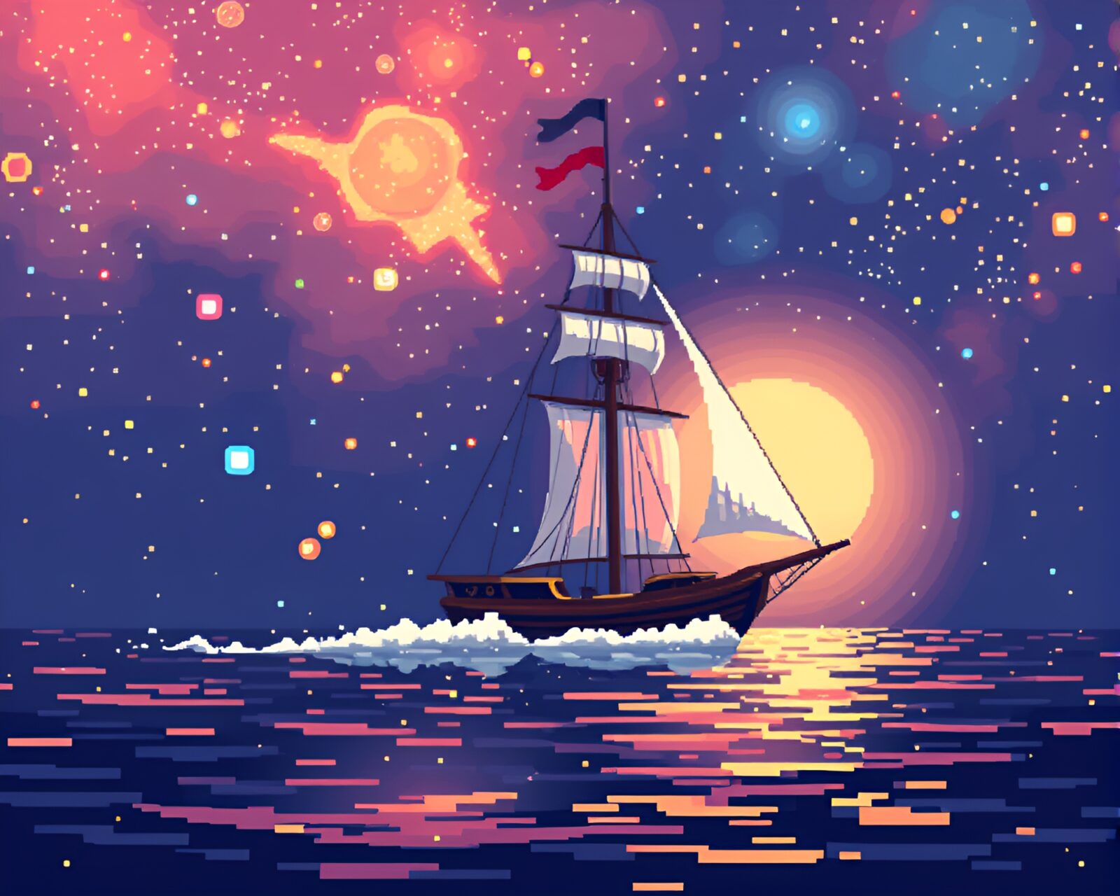 Classic sailing ship in a cosmic pixelated water droplets scene