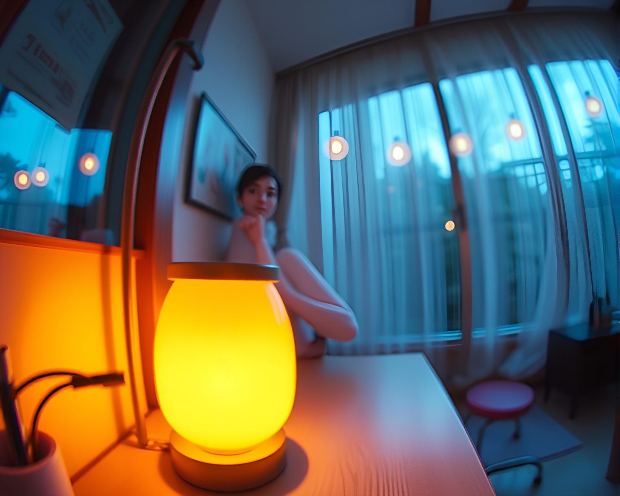 Dreamy Anime Lamp Scene with Fisheye Perspective – free AI stock image