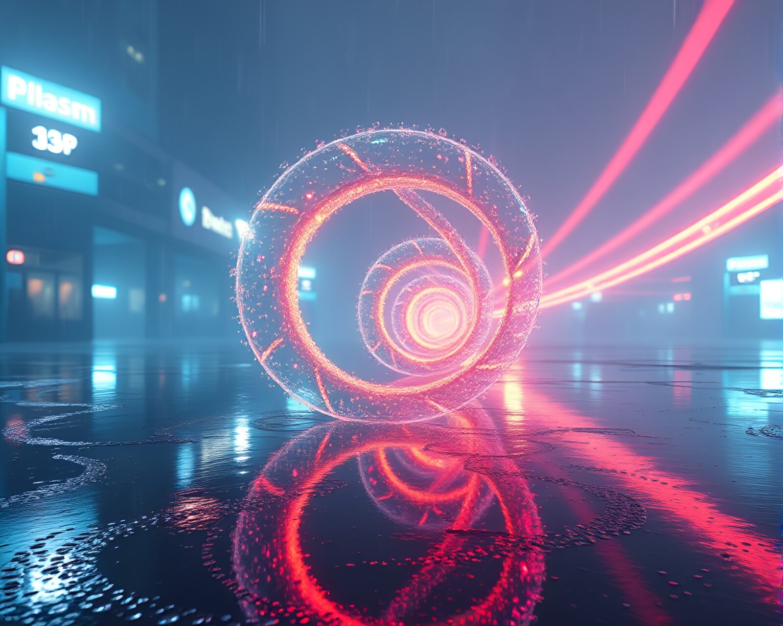 Futuristic weapon in a rainy, bio-organic world