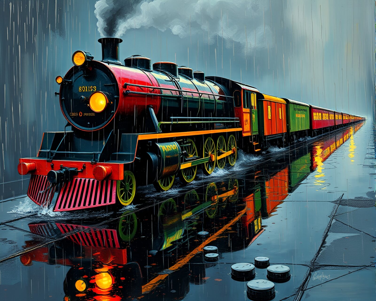 Colorful dadaist collage with steam train reflecting in rain