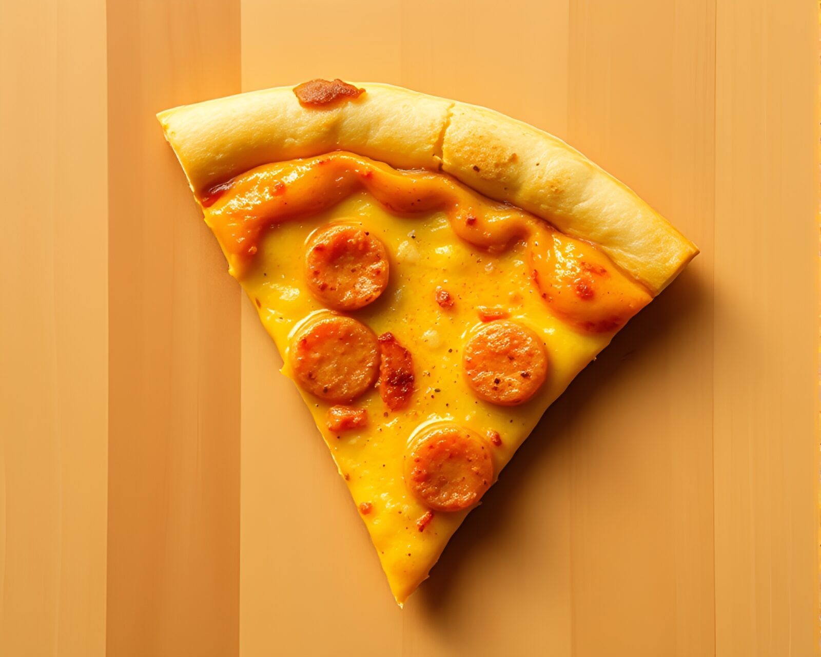 Close-up of a delicious pizza slice in mustard yellow hues with intricate hatching details