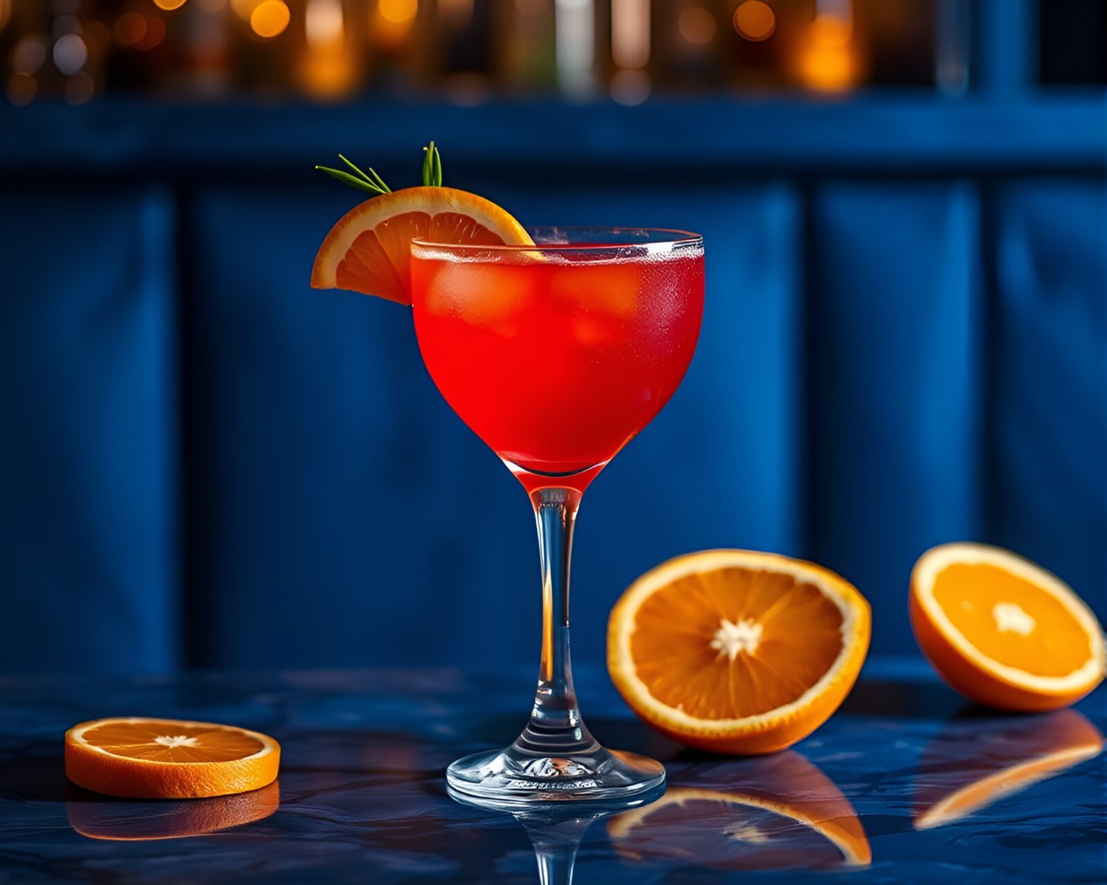 Striped pattern backdrop showcasing a vibrant blood orange cocktail.
