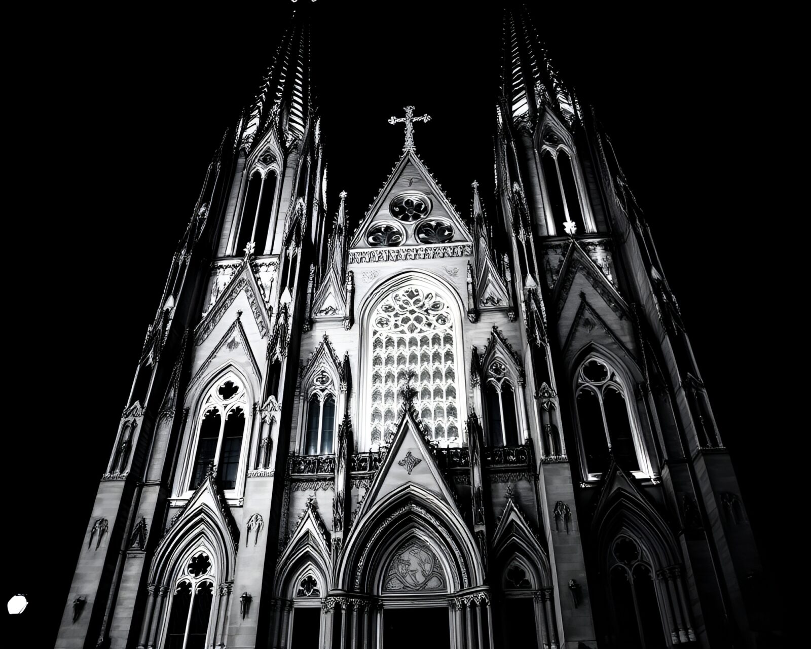 Mystical pixelated cathedral bathed in dramatic duotone lighting