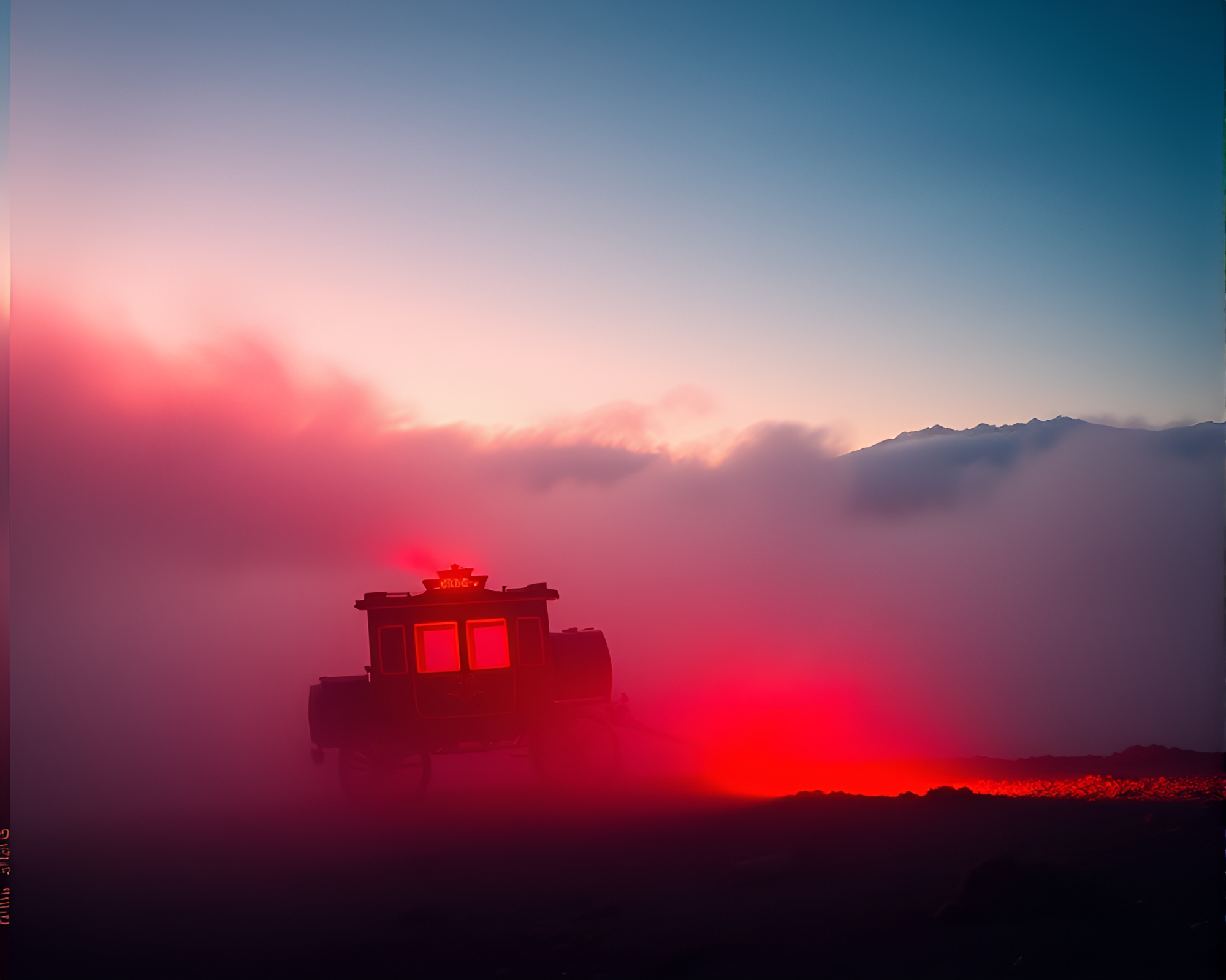 Mystical Stagecoach Journey Through Volcanic Dawn – free AI stock image
