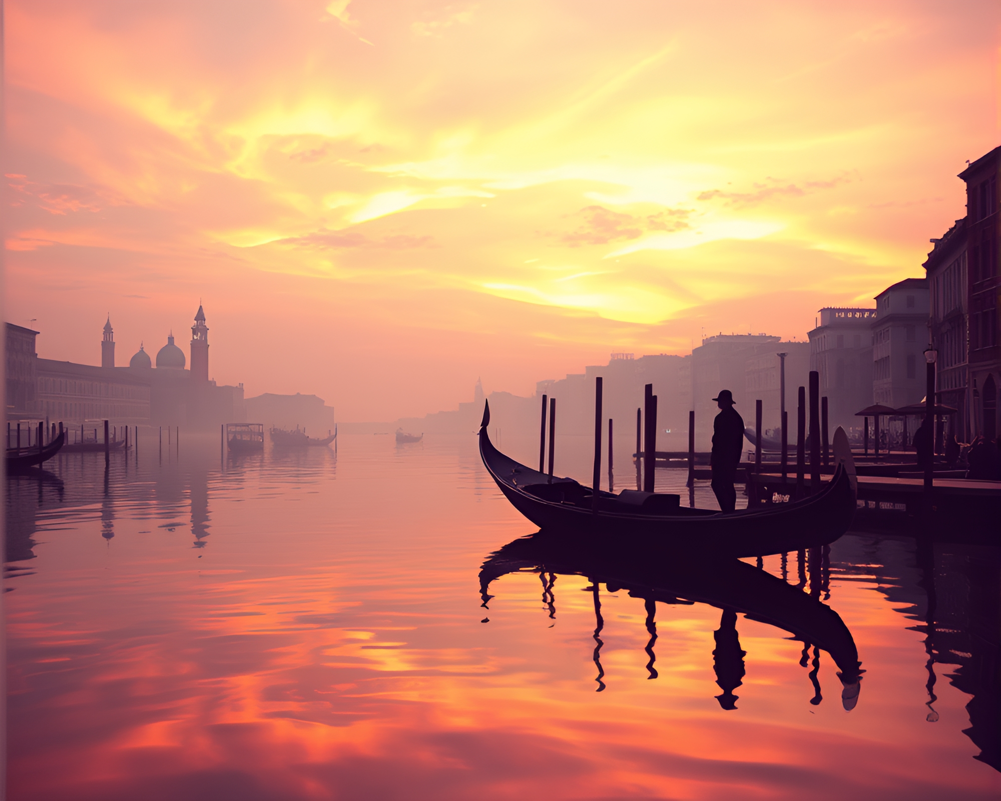 Venetian Gondola Tranquil Sunset Reflection Silhouette Hologram – free AI stock image