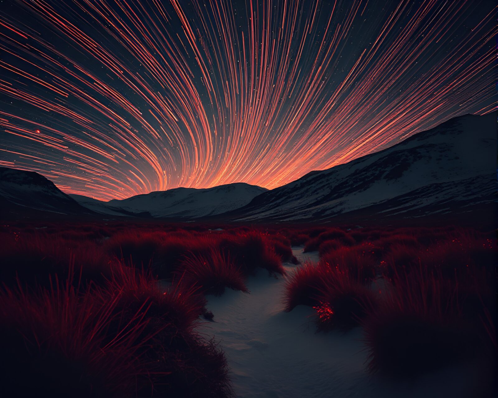 Manga-style sparkler trails in infrared northern tundra landscape