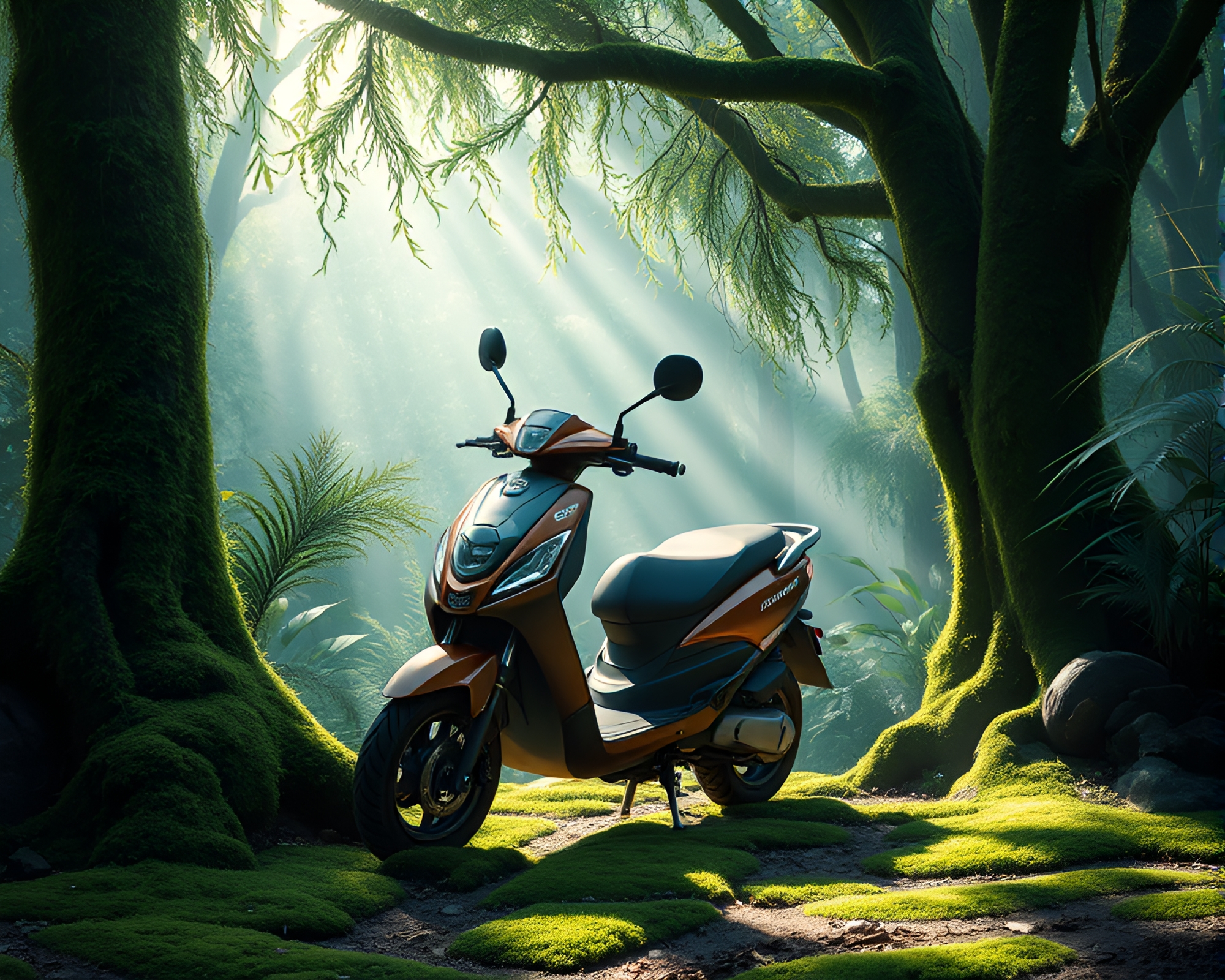 Lush Electric Jungle: Moss-Encrusted Scooter in Canopy Light – free AI stock image
