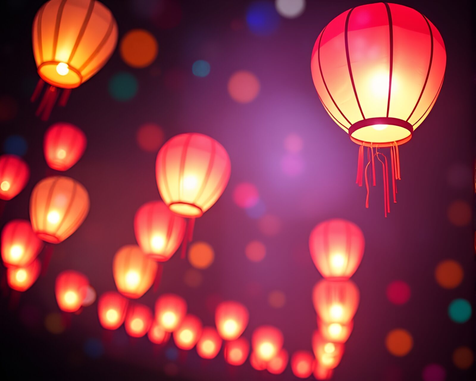 Floating lanterns in space with glitchy colors and light leaks