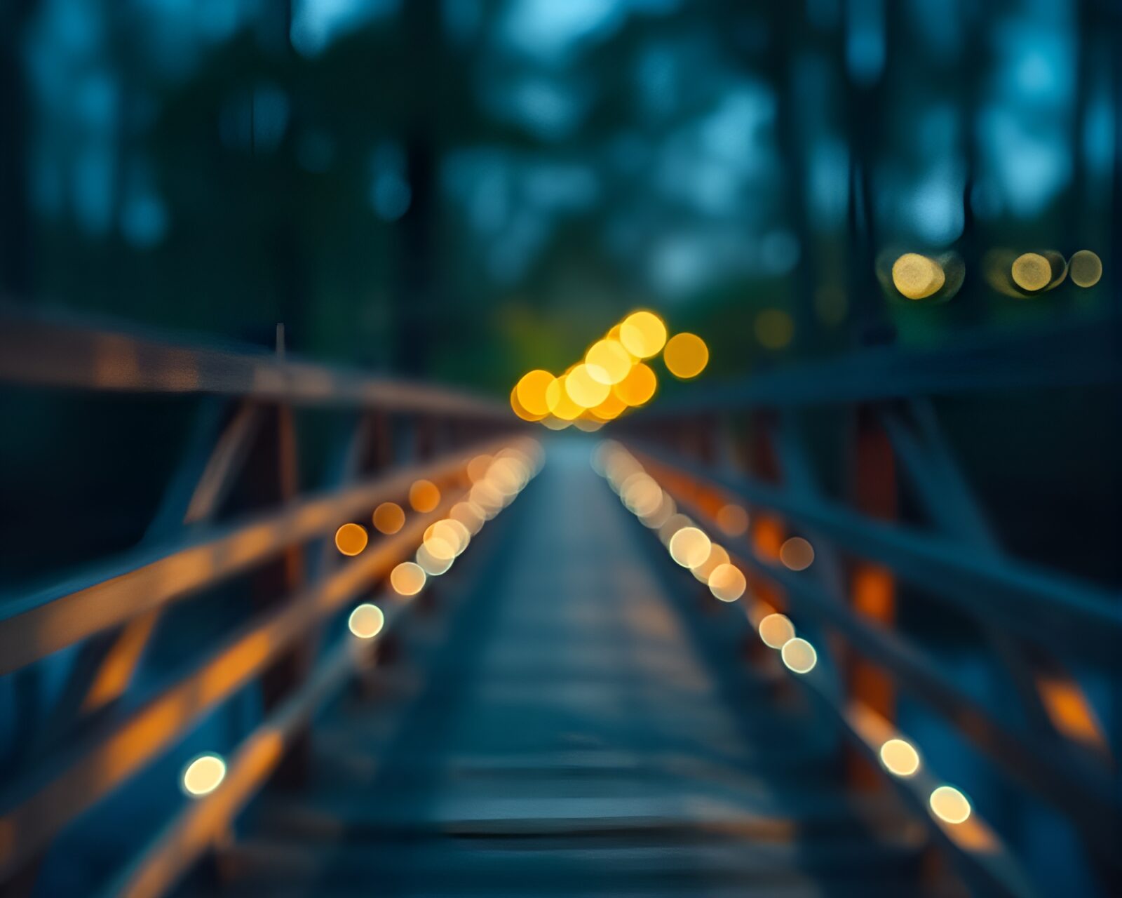 Mystical wooden bridge surrounded by flickering bokeh lights