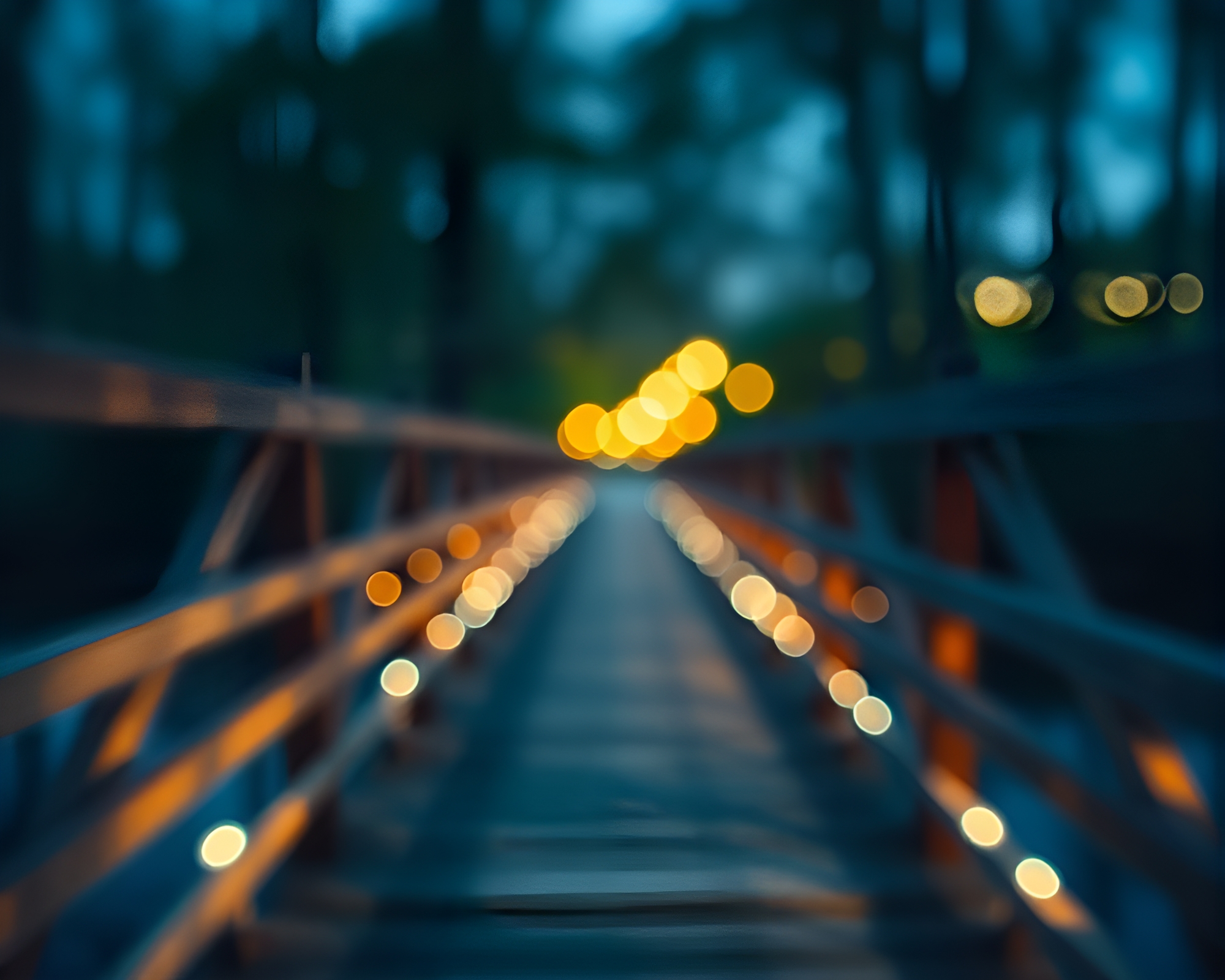 Enchanted Wooden Bridge Glitching with Bokeh Lights – free AI stock image