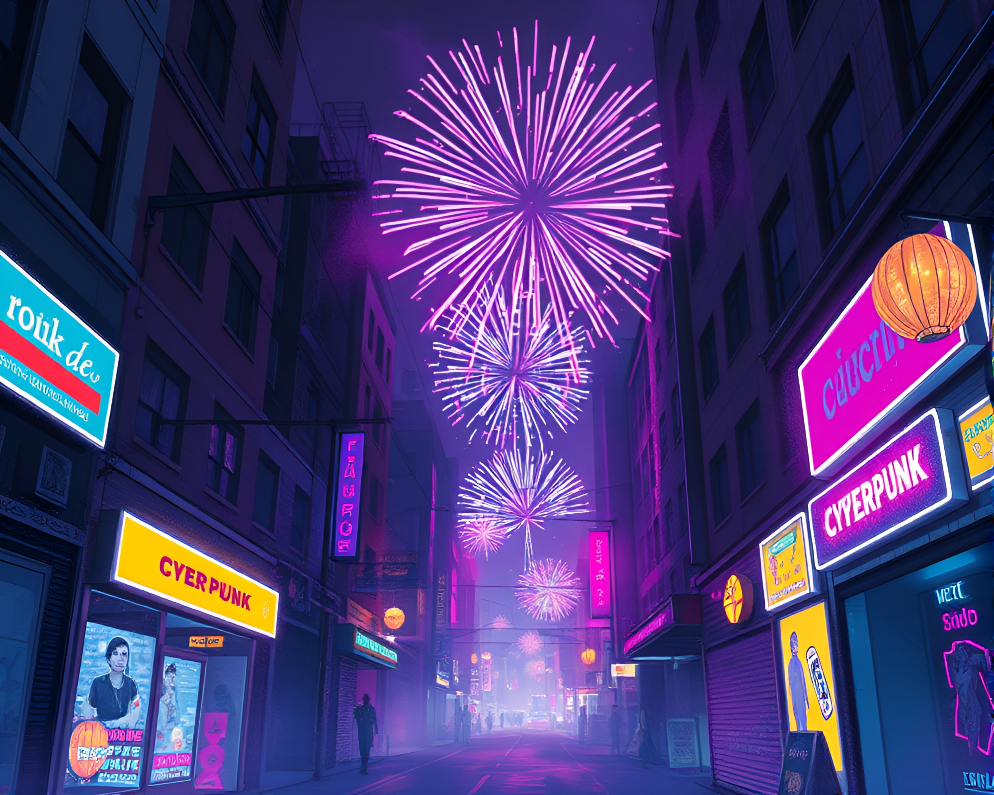 Twilight Cyberpunk Alley Fireworks Fashion Illustration – free AI stock image