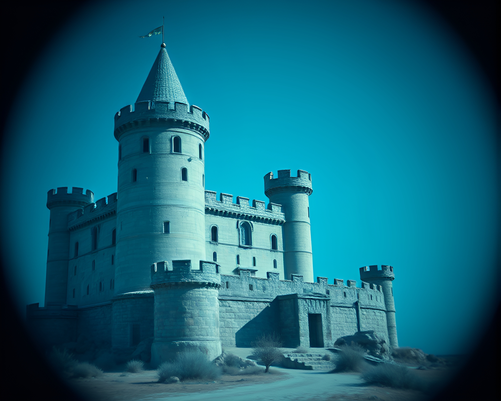 Deserted Castle Oasis in Blueprint Style – free AI stock image