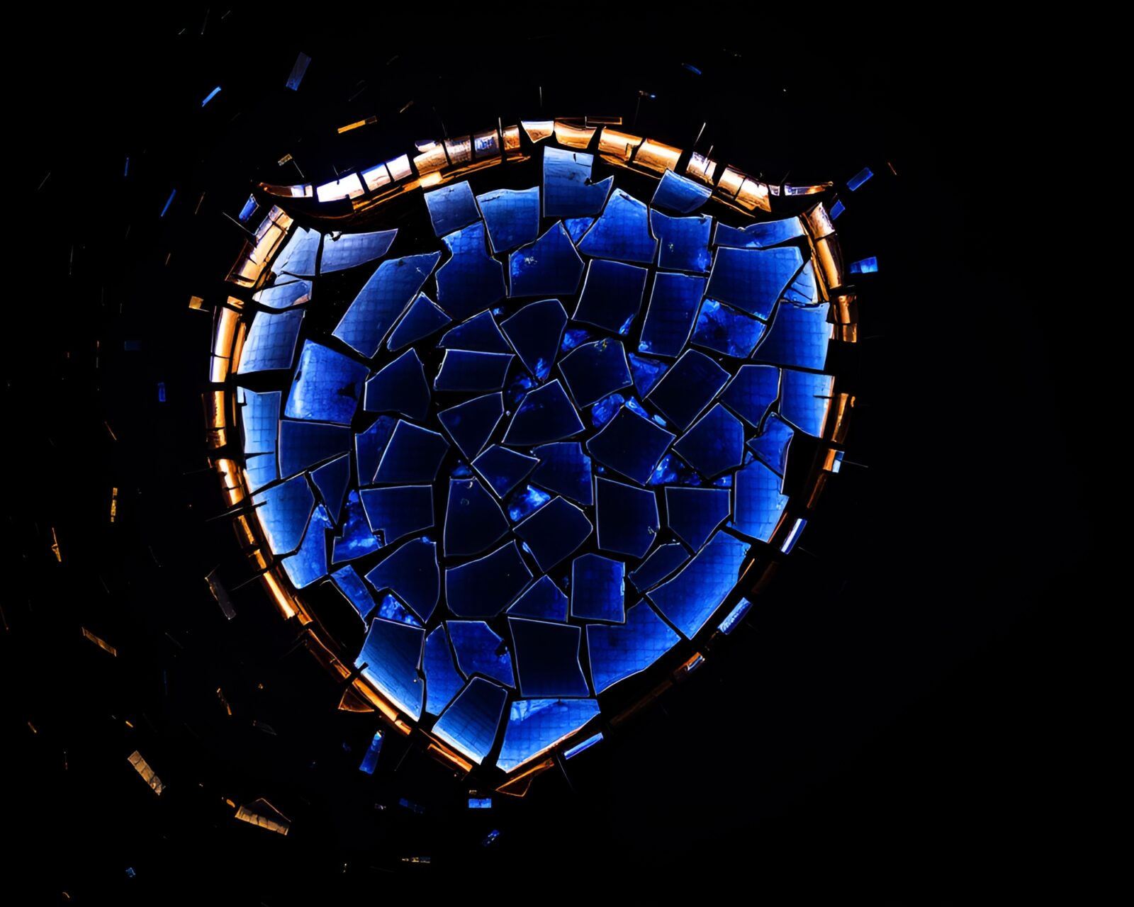 Fragmented mosaic shield glowing in blue hour rim light