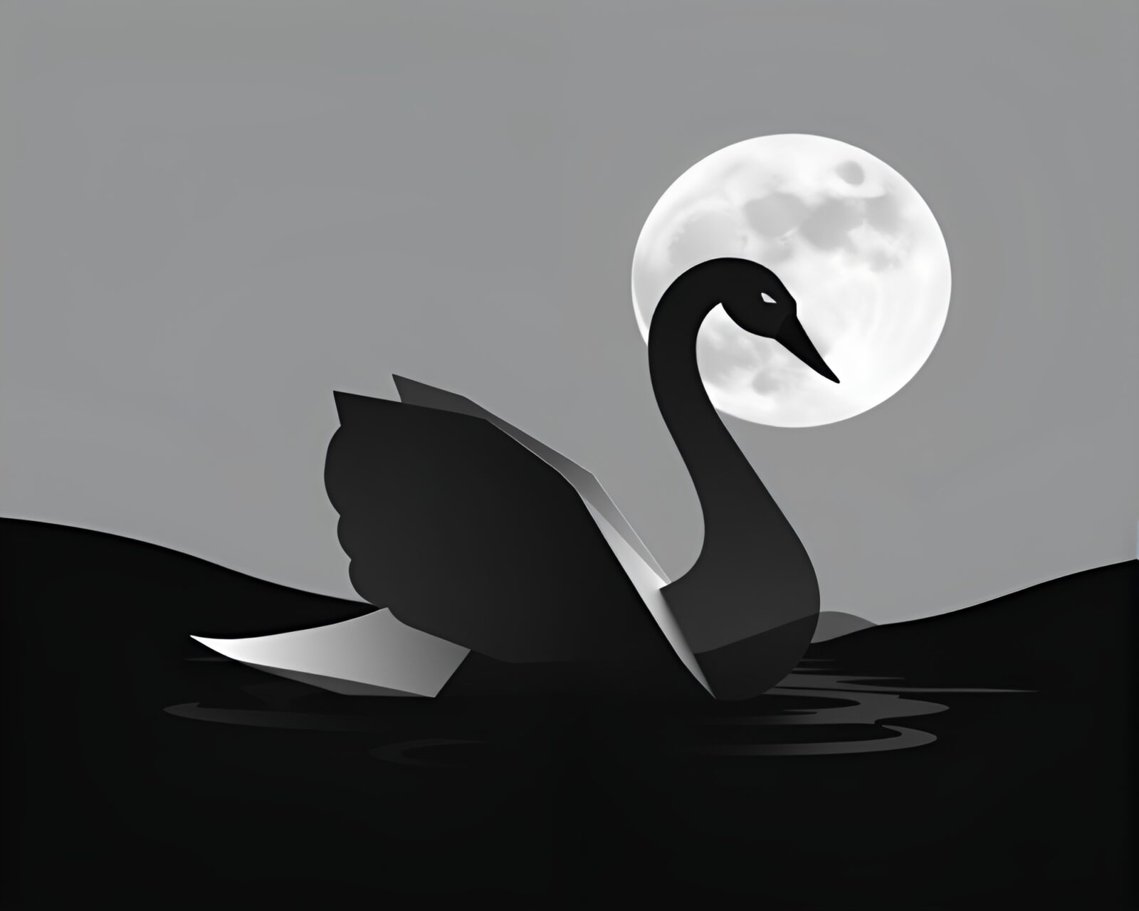Dark grayscale image of an origami swan under moonlight
