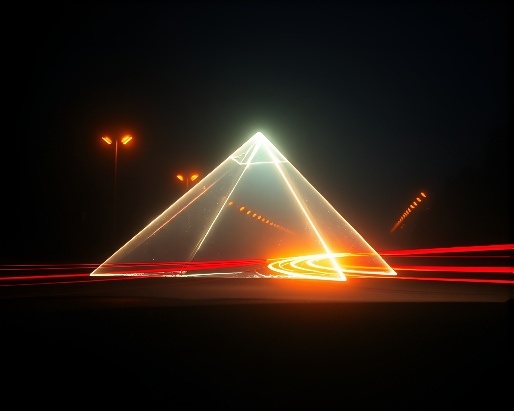 Glowing Car Light Trails Around Glass Pyramid – free AI stock image