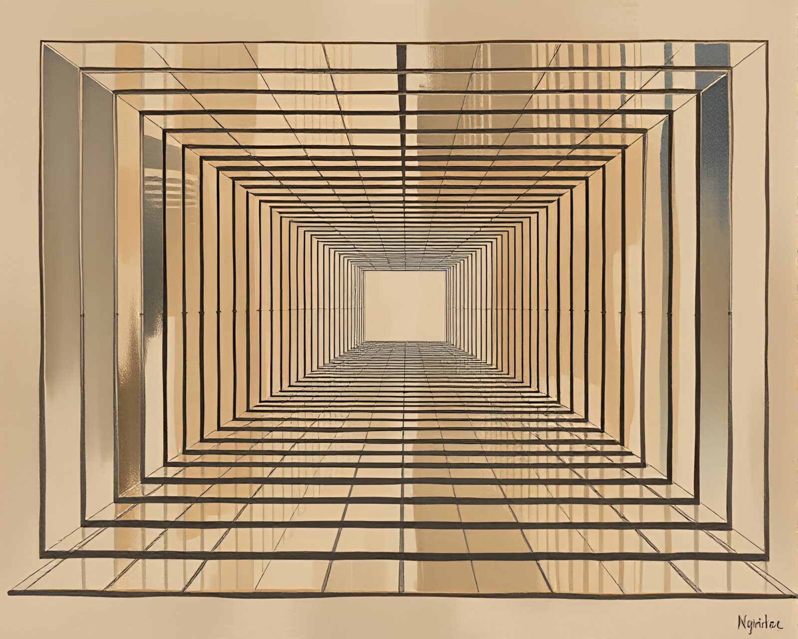 Abstract gouache painting of a mirror maze in muted earth tones