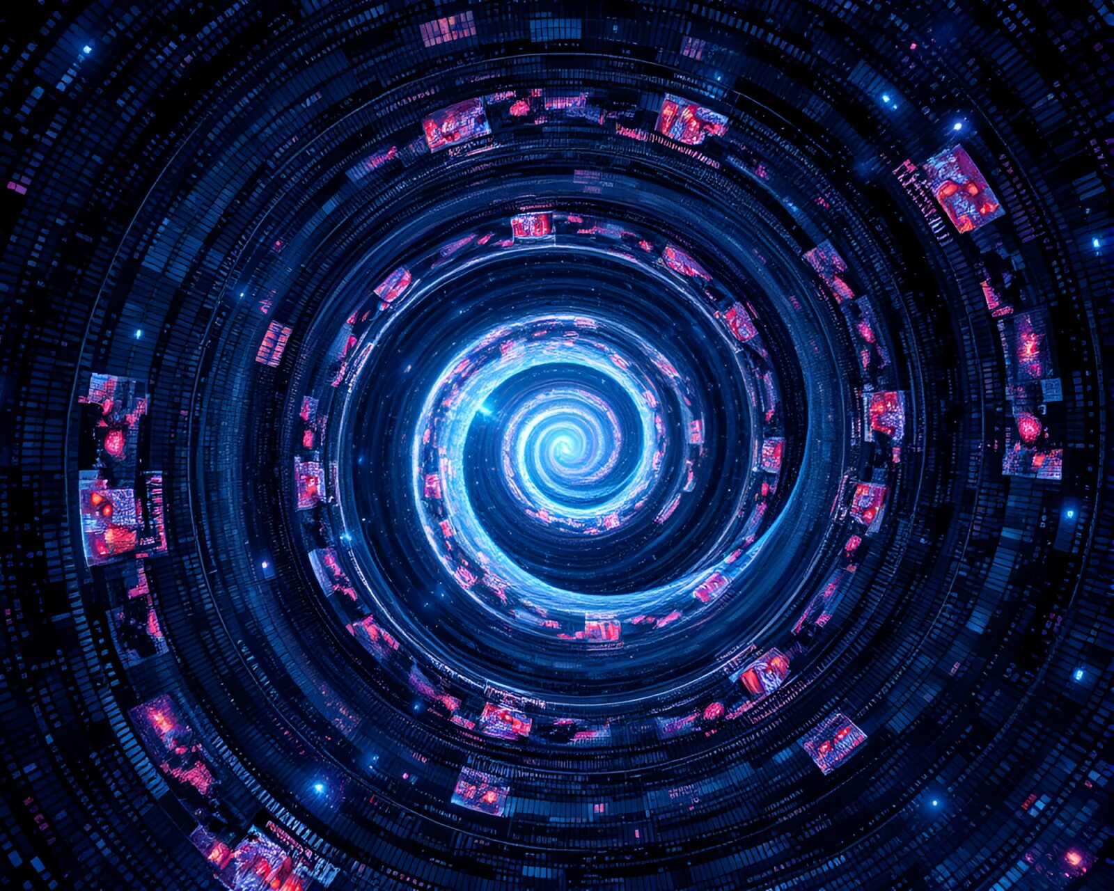 Intricate mosaic spiral portal with mystical low-key lighting