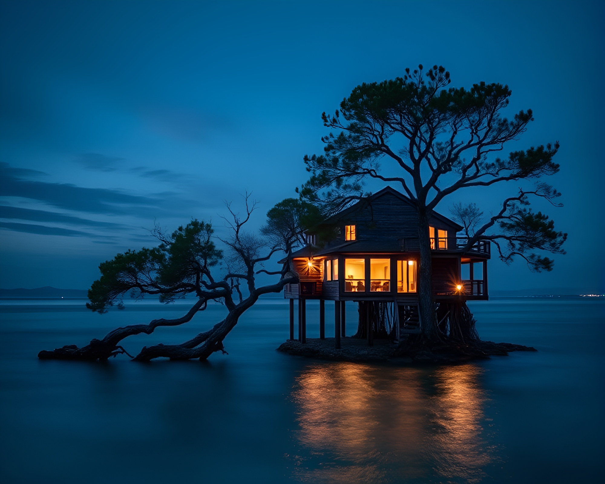 Ethereal Treehouse in Ocean-Blue Glow – free AI stock image