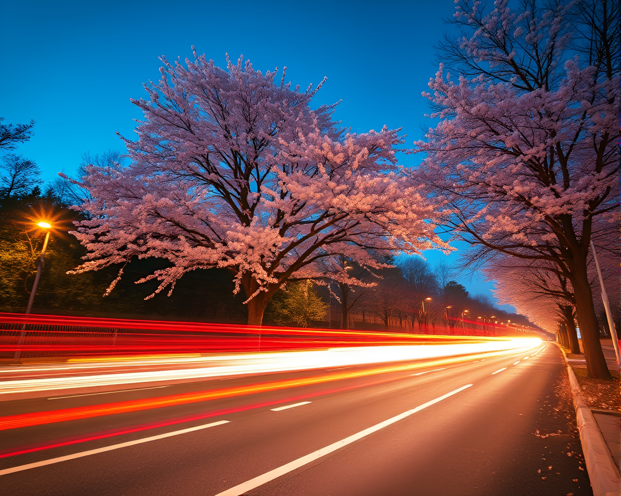 Cherry Blossom Car Light Trails Double Exposure – free AI stock image