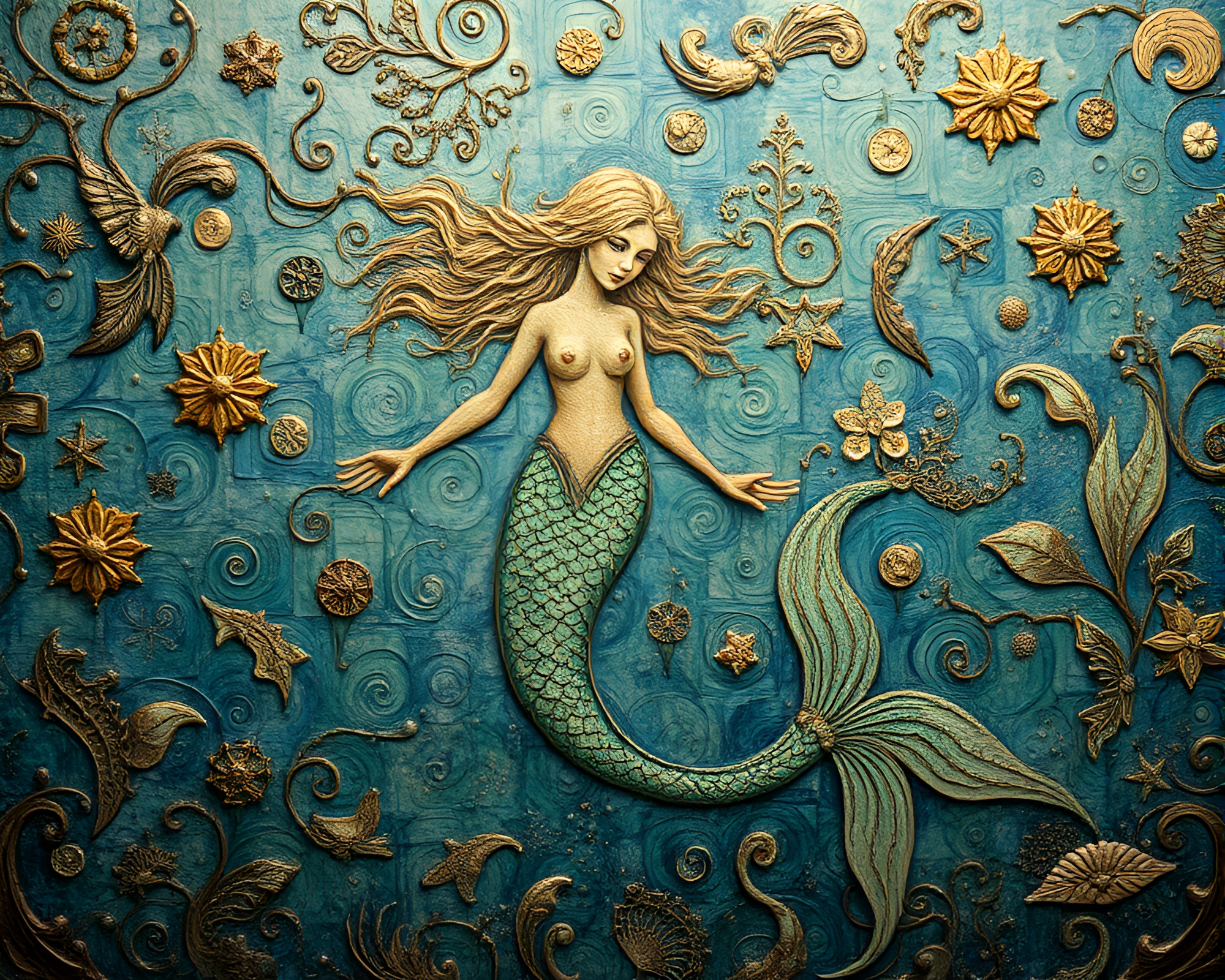 Enchanting Mermaid amongst Intricate Oil Patterns – free AI stock image
