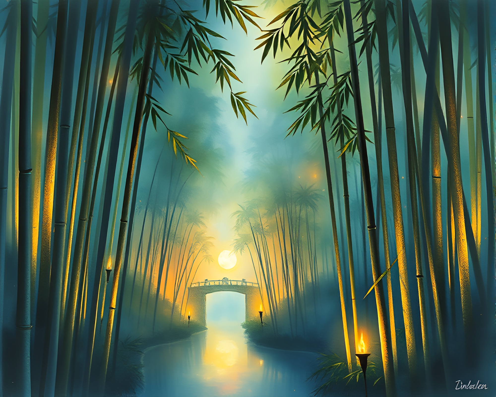 Gilded Bamboo Grove Watercolor Illumination – free AI stock image