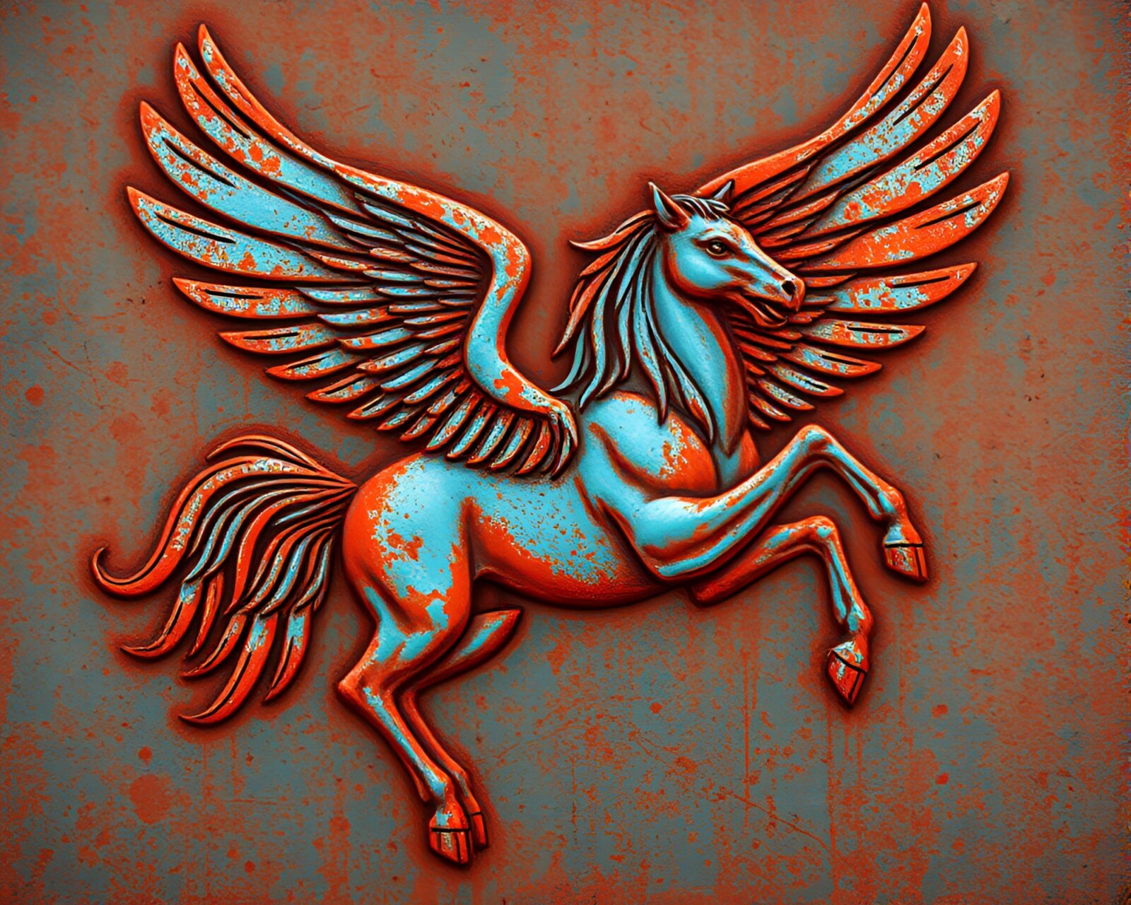 A vibrant duotone image of a majestic rust patina Pegasus
