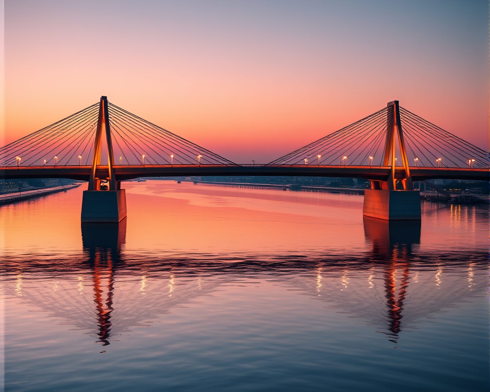 Golden hour dusk over modern striped glass bridge