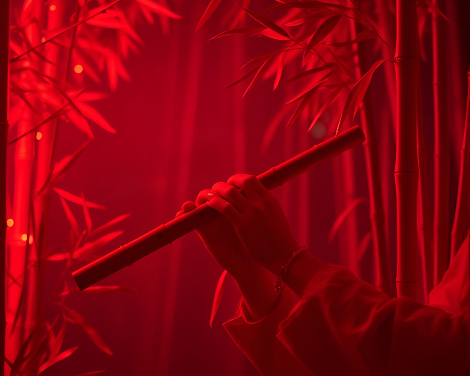 Vibrantly lit glowing bamboo flute with intricate crosshatching.