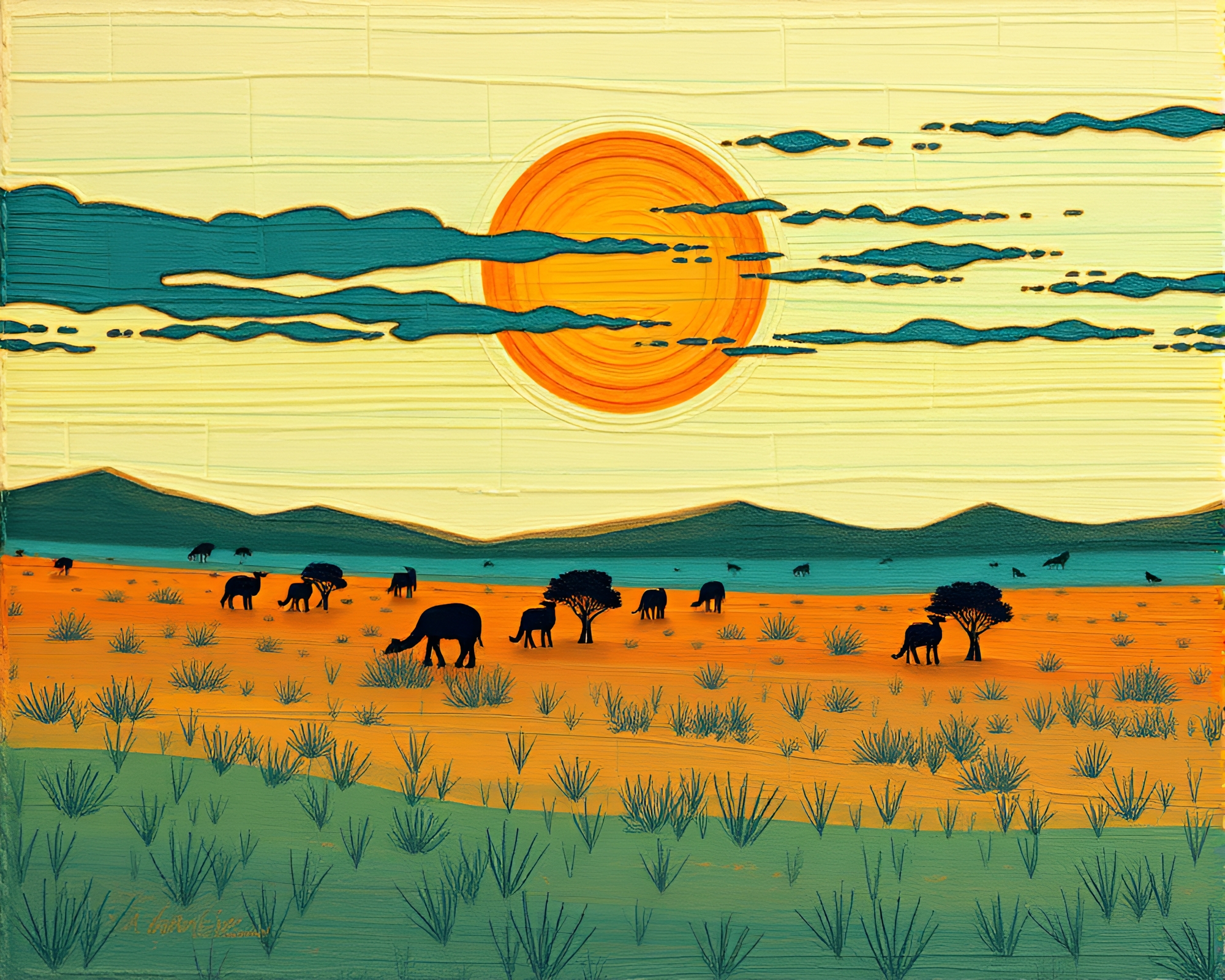 Savanna Sunset Stitched Teal Underpainting – free AI stock image